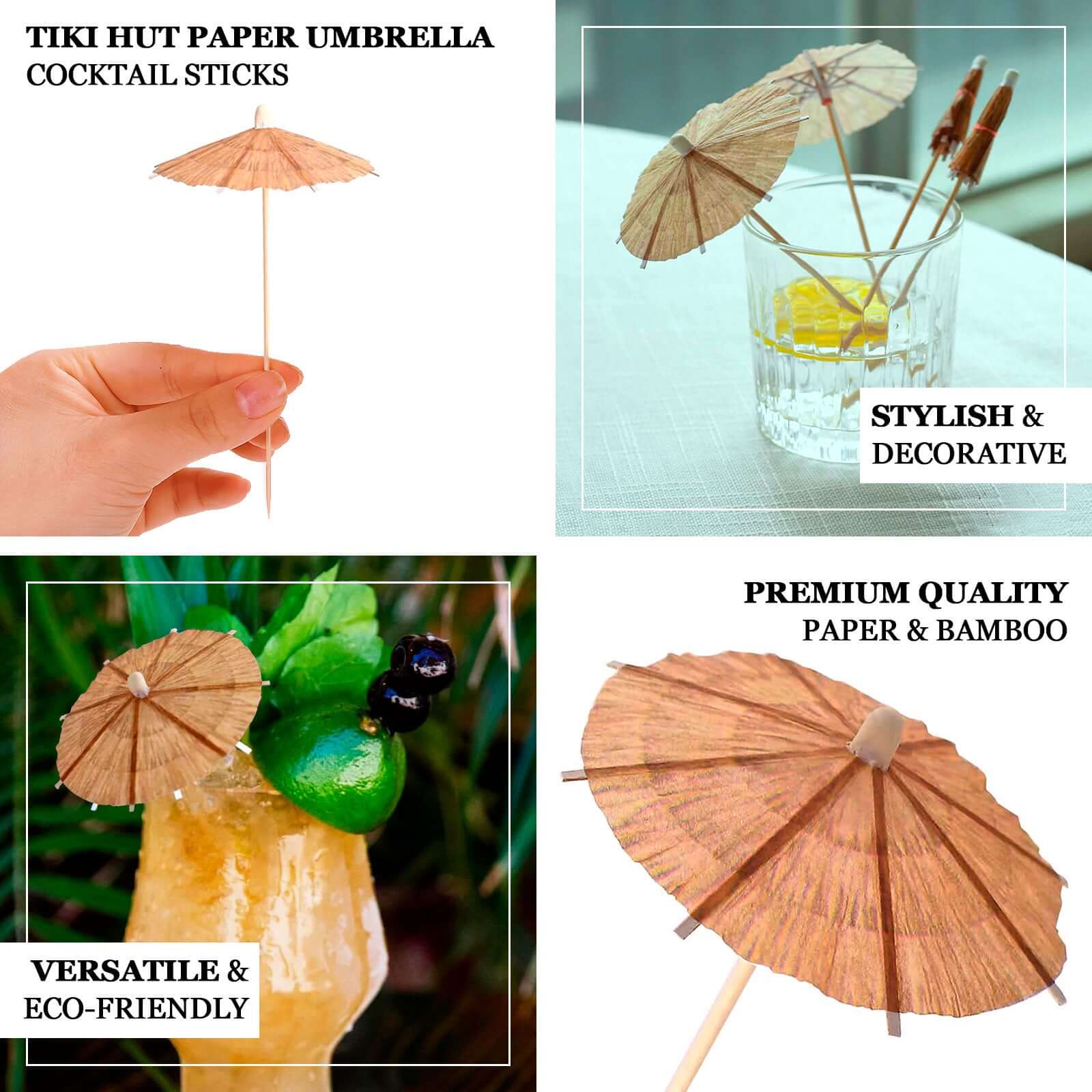 50-Pack Natural Bamboo Skewers 6", Tiki Hut Paper Umbrella Design Biodegradable Cocktail Sticks - Eco Friendly Party Picks - Image 4