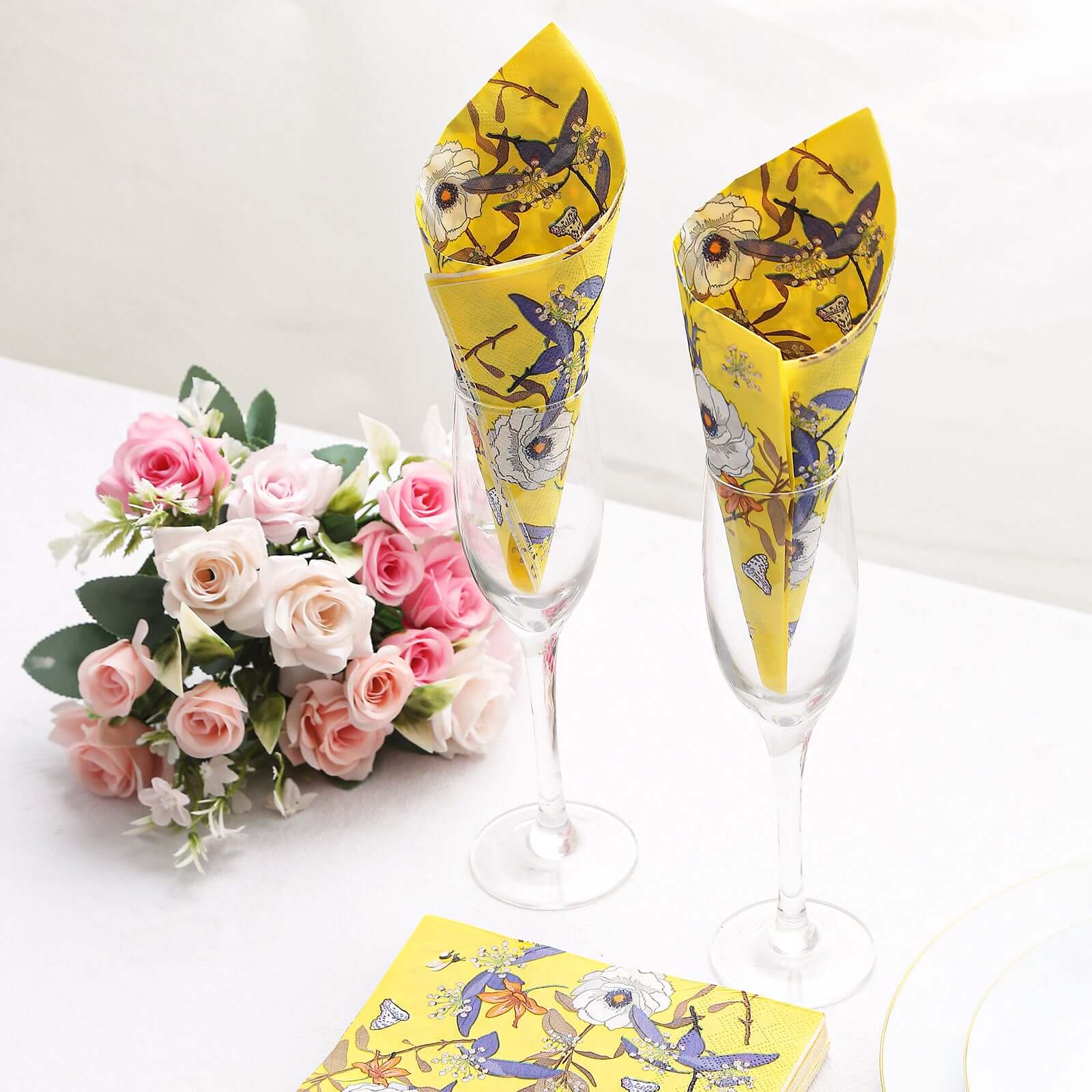 20-Pack Paper Beverage Napkins 2 Ply Bright Yellow with Blooming Flowers Design 6.5"x6.5" - Soft Botanical Floral Wedding Cocktail Napkins 18GSM - Image 2