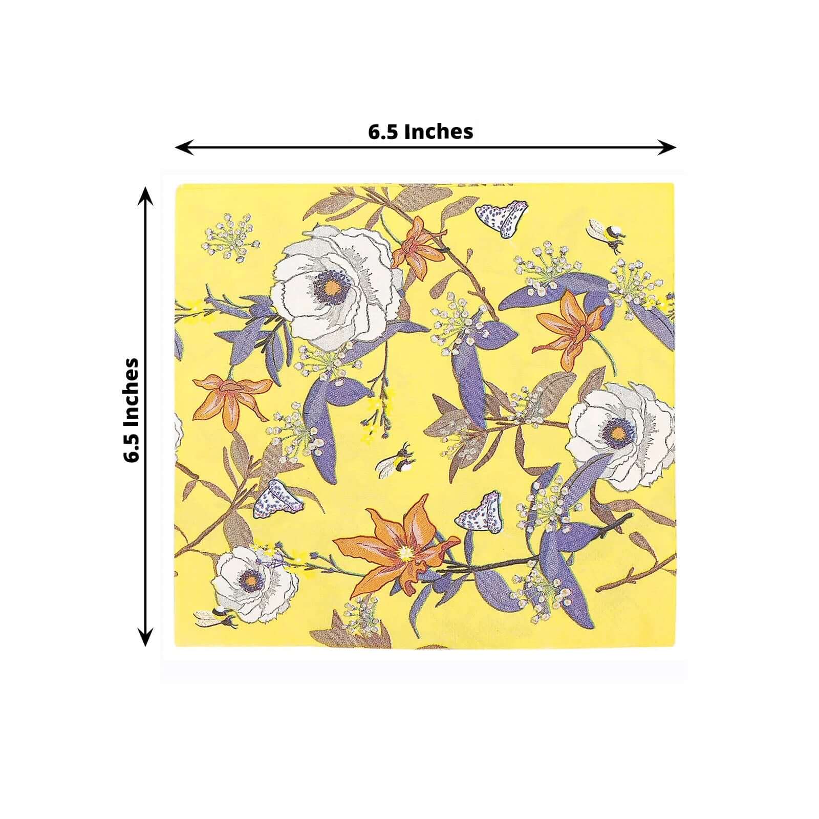 20-Pack Paper Beverage Napkins 2 Ply Bright Yellow with Blooming Flowers Design 6.5"x6.5" - Soft Botanical Floral Wedding Cocktail Napkins 18GSM - Image 3