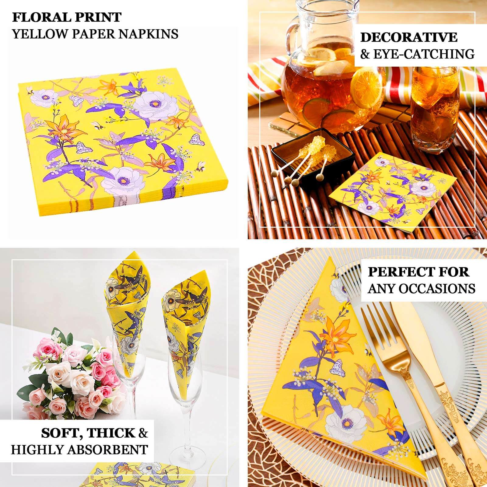 20-Pack Paper Beverage Napkins 2 Ply Bright Yellow with Blooming Flowers Design 6.5"x6.5" - Soft Botanical Floral Wedding Cocktail Napkins 18GSM - Image 4