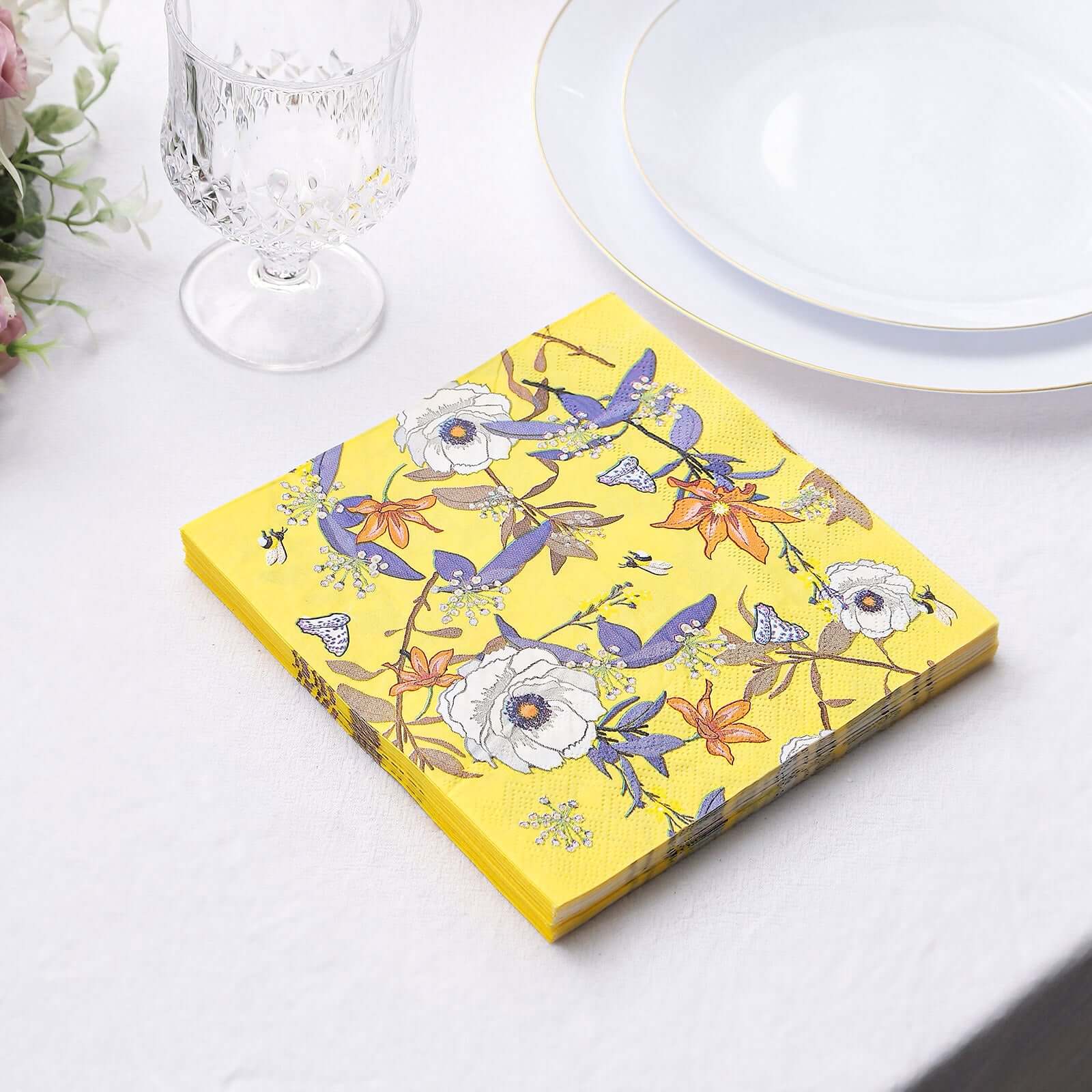 20-Pack Paper Beverage Napkins 2 Ply Bright Yellow with Blooming Flowers Design 6.5"x6.5" - Soft Botanical Floral Wedding Cocktail Napkins 18GSM - Image 5