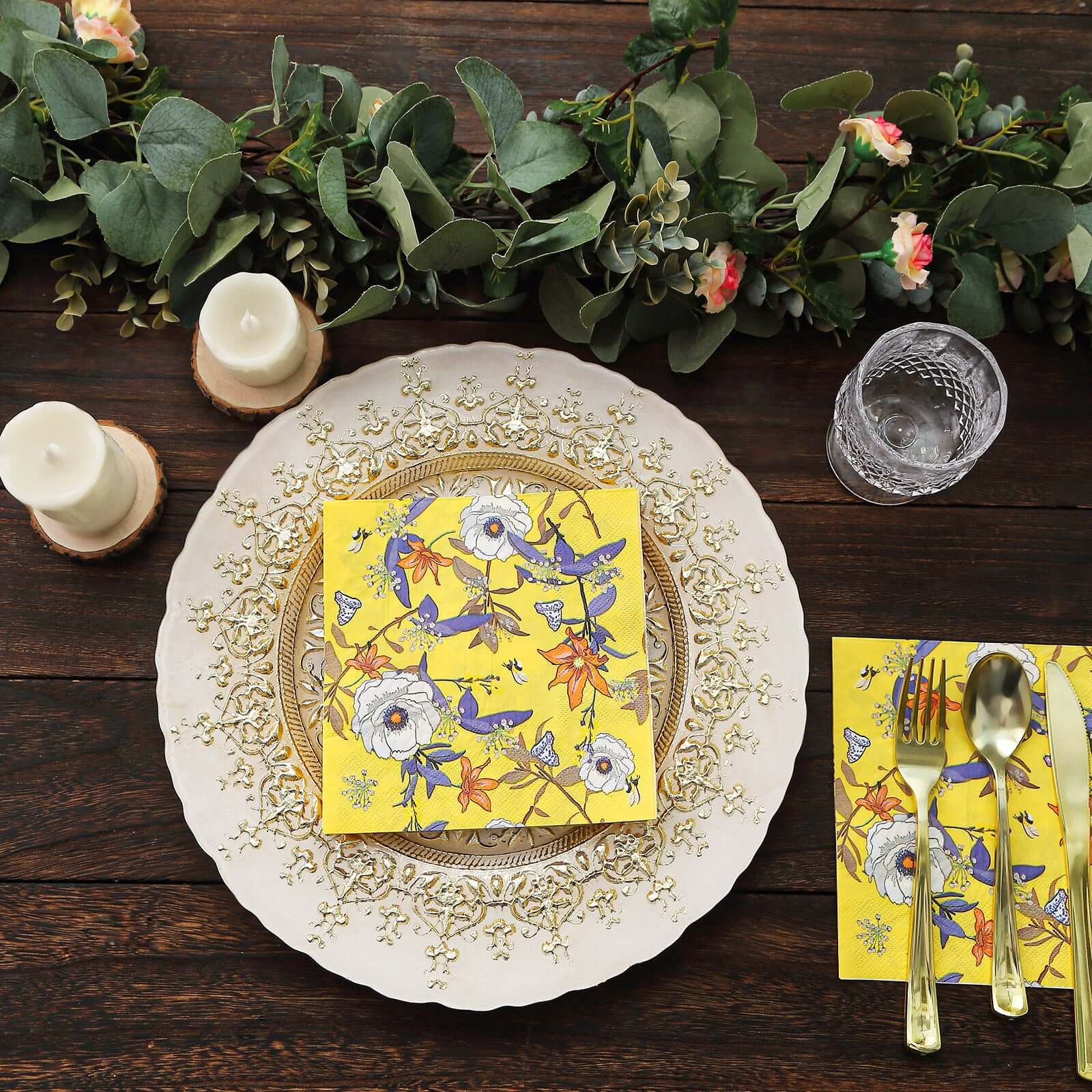 20-Pack Paper Beverage Napkins 2 Ply Bright Yellow with Blooming Flowers Design 6.5"x6.5" - Soft Botanical Floral Wedding Cocktail Napkins 18GSM - Image 8