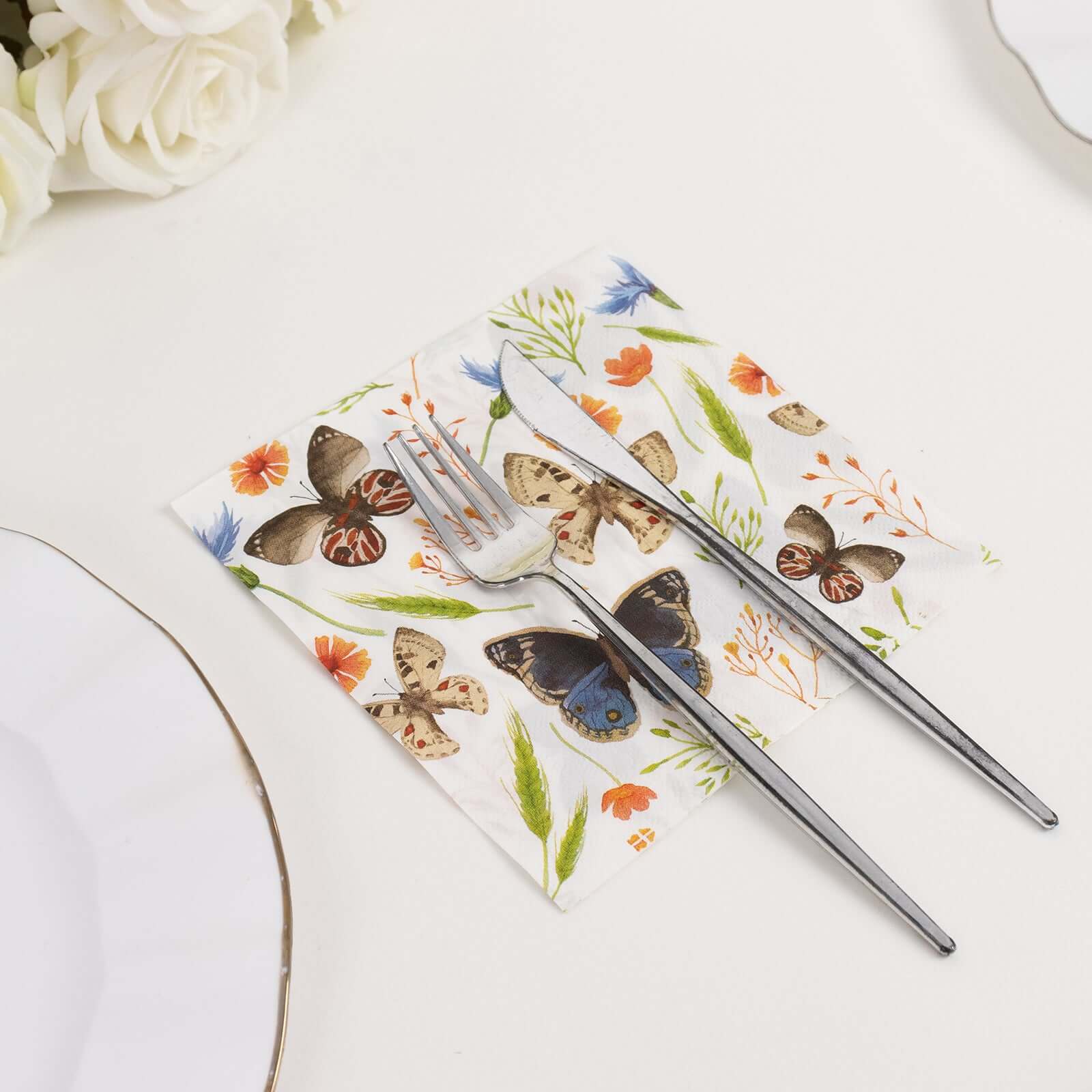 50-Pack Paper Beverage Napkins 2 Ply Ivory with Field Herbs and Butterfly Print 6.5"x6.5" - Stylish Garden Party Disposable Napkins 18GSM - Image 10