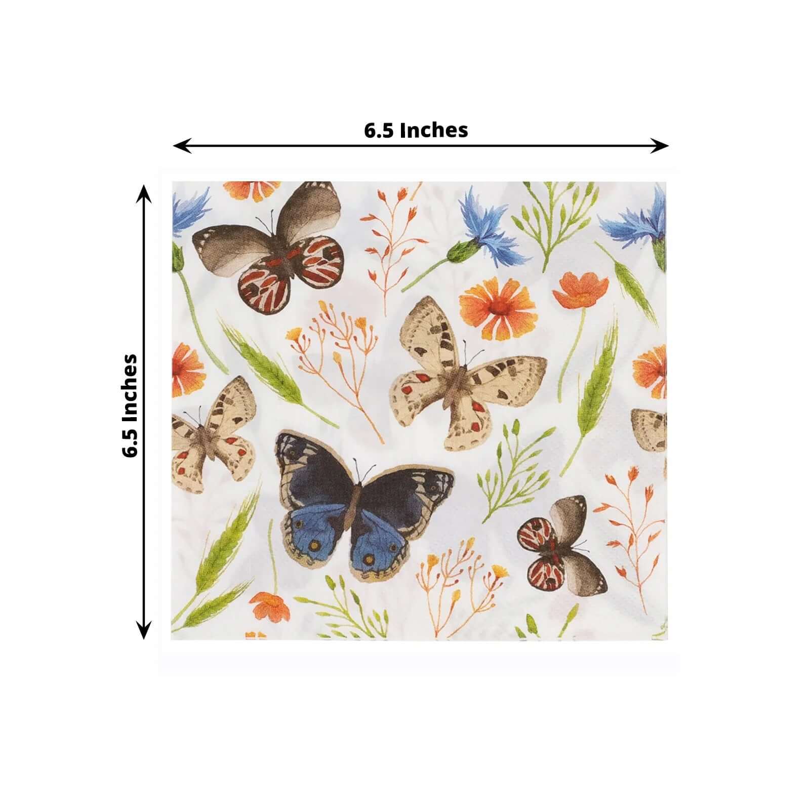 50-Pack Paper Beverage Napkins 2 Ply Ivory with Field Herbs and Butterfly Print 6.5"x6.5" - Stylish Garden Party Disposable Napkins 18GSM - Image 3