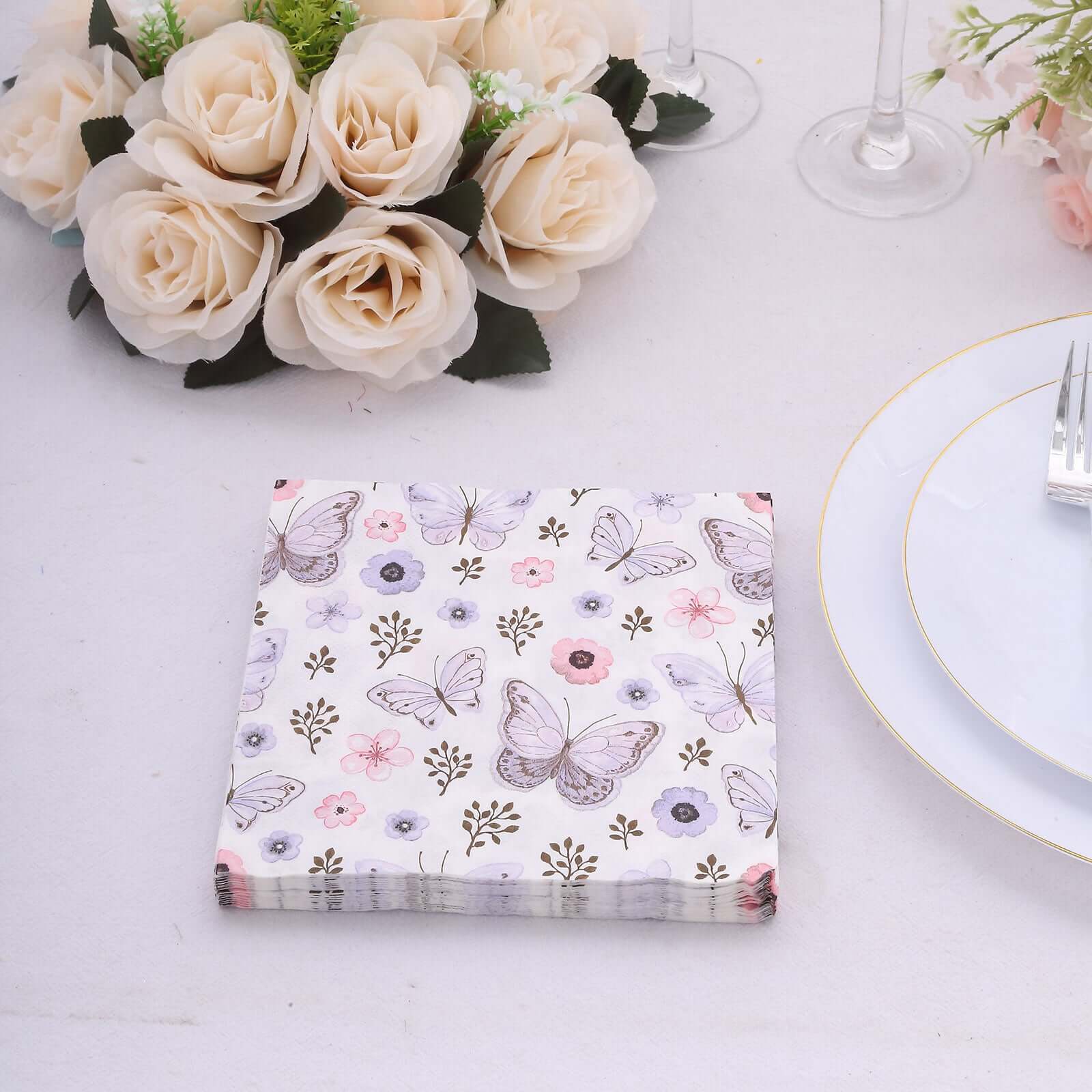 20-Pack Paper Beverage Napkins 2 Ply Lavender/Ivory with Butterfly Design 6.5"x6.5" - Soft Stylish Garden Party Cocktail Napkins 18GSM - Image 5