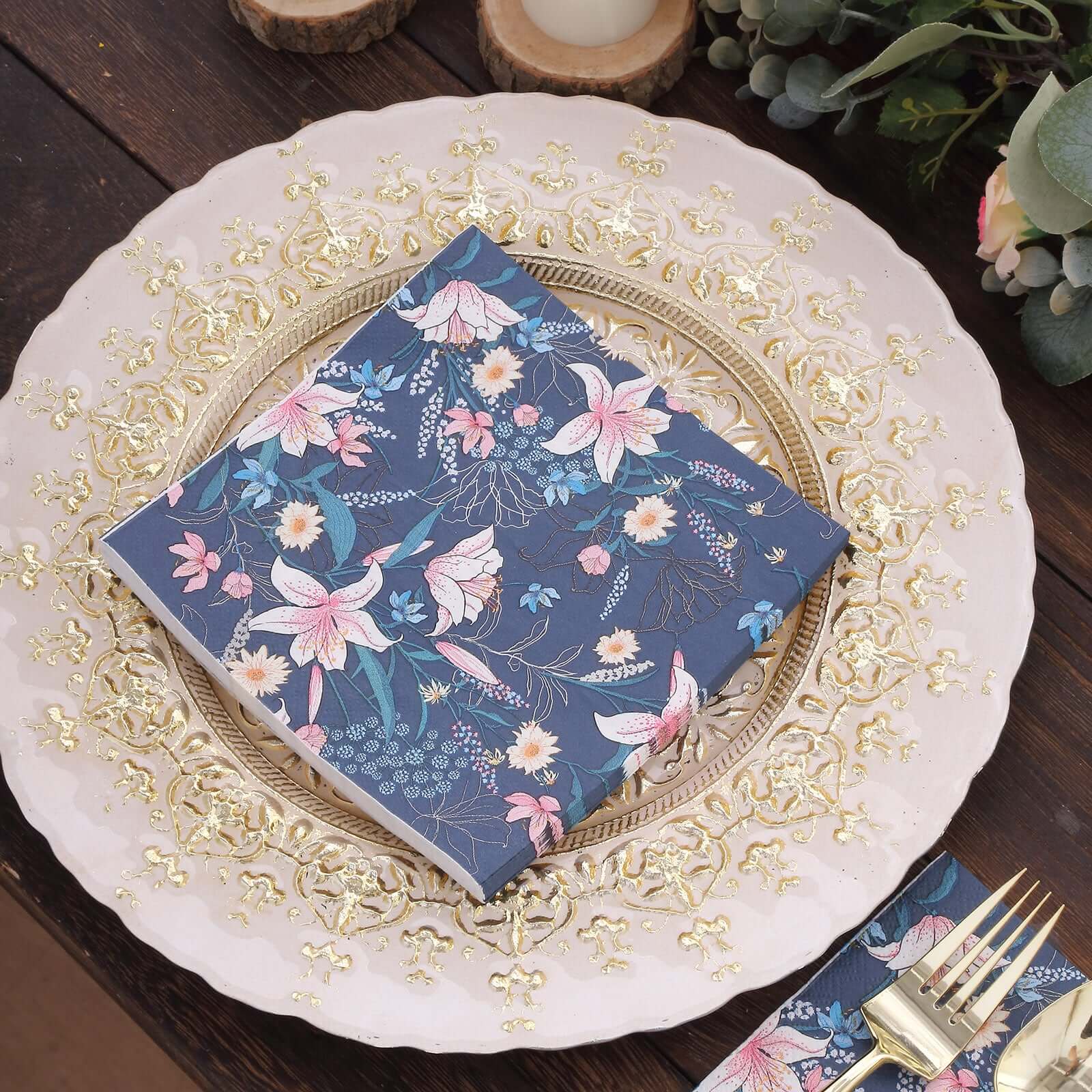 20-Pack Paper Beverage Napkins 2 Ply Navy Blue with Water Lily Floral Design 6.5"x6.5" - Soft 2-Ply Disposable Beverage Napkins 18GSM - Image 6