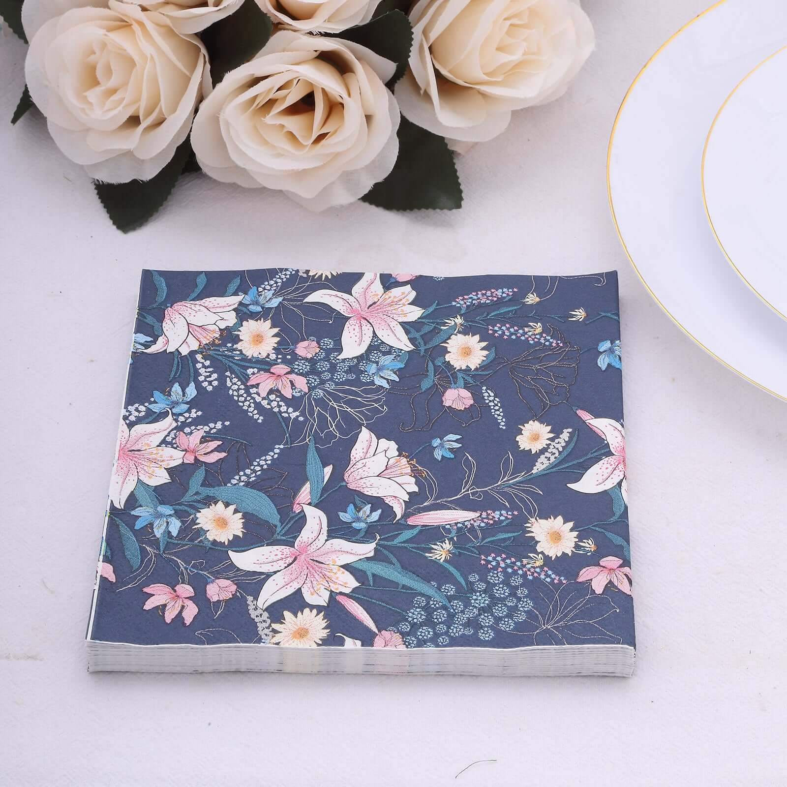 20-Pack Paper Beverage Napkins 2 Ply Navy Blue with Water Lily Floral Design 6.5"x6.5" - Soft 2-Ply Disposable Beverage Napkins 18GSM - Image 8