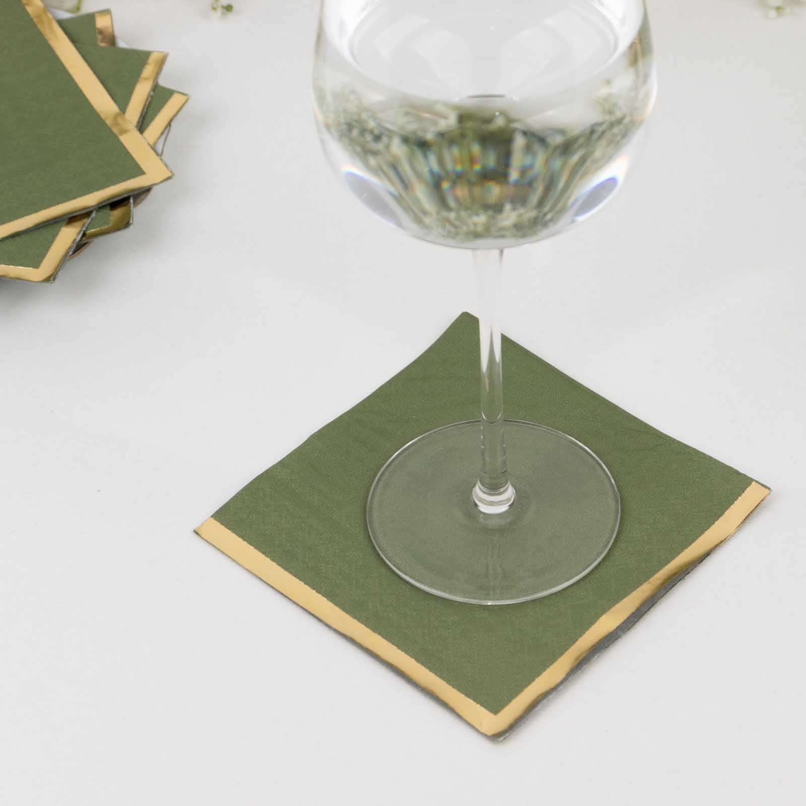 50-Pack Paper Beverage Napkins 2 Ply Dusty Sage Green with Gold Foil Edge 5"x5" - Soft Disposable Cocktail Napkins 18GSM - Image 4