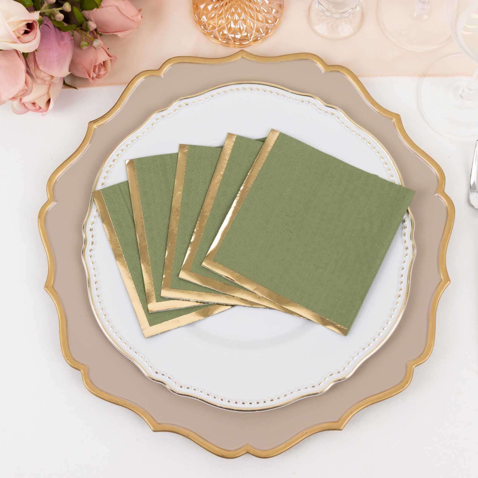 50-Pack Paper Beverage Napkins 2 Ply Dusty Sage Green with Gold Foil Edge 5"x5" - Soft Disposable Cocktail Napkins 18GSM - Image 7