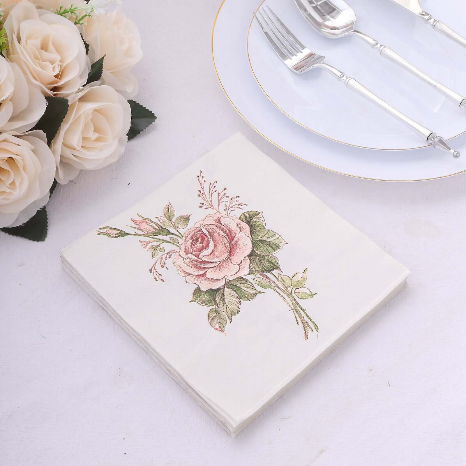 20-Pack Paper Beverage Napkins 2 Ply Pink/Ivory with Vintage Rose Design 6.5"x6.5" - Stylish Garden Party Cocktail Napkins 18GSM