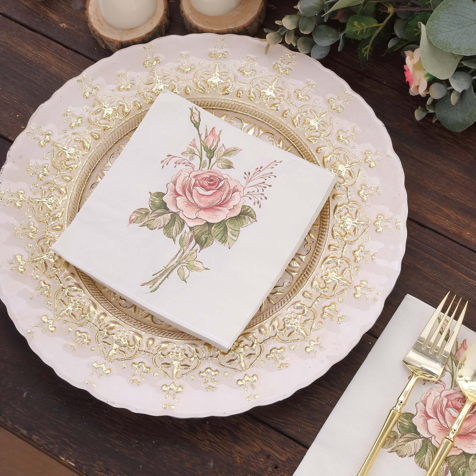 20-Pack Paper Beverage Napkins 2 Ply Pink/Ivory with Vintage Rose Design 6.5"x6.5" - Stylish Garden Party Cocktail Napkins 18GSM - Image 5