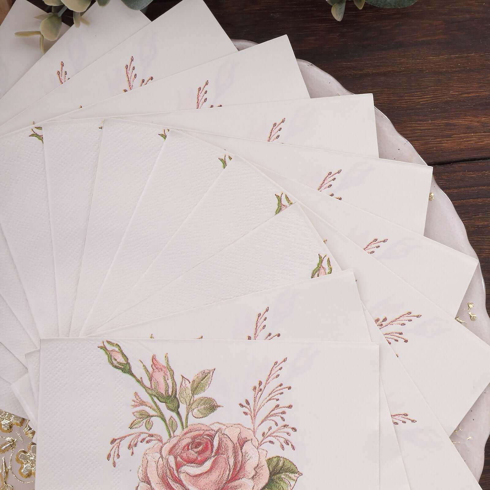 20-Pack Paper Beverage Napkins 2 Ply Pink/Ivory with Vintage Rose Design 6.5"x6.5" - Stylish Garden Party Cocktail Napkins 18GSM - Image 6
