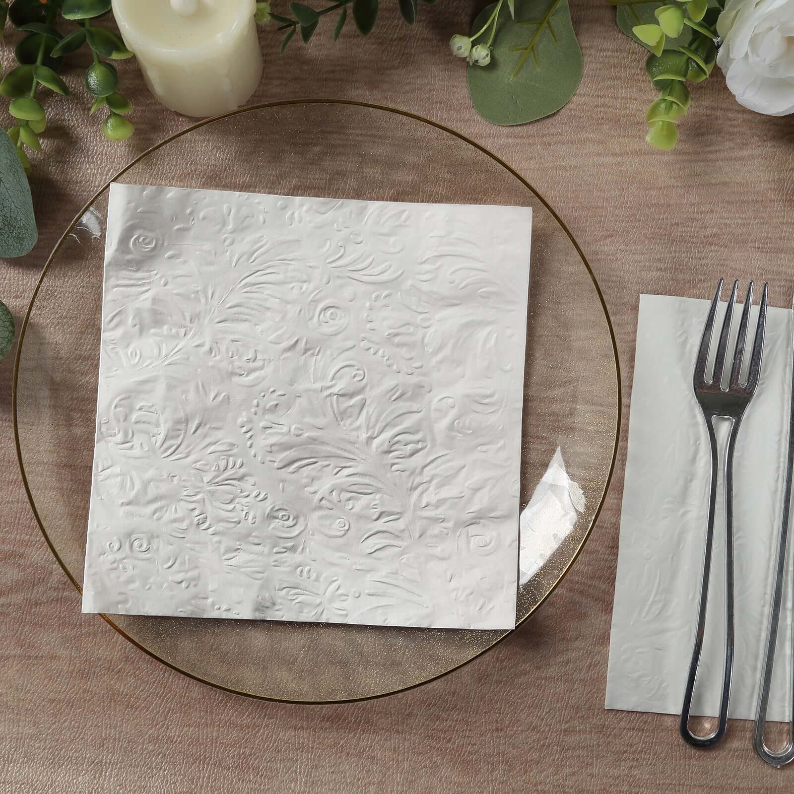 50-Pack Paper Cocktail Napkins 2 Ply White with Embossed French Swirl Pattern 6.5"x6.5" - Soft Disposable Party Napkins - Image 2