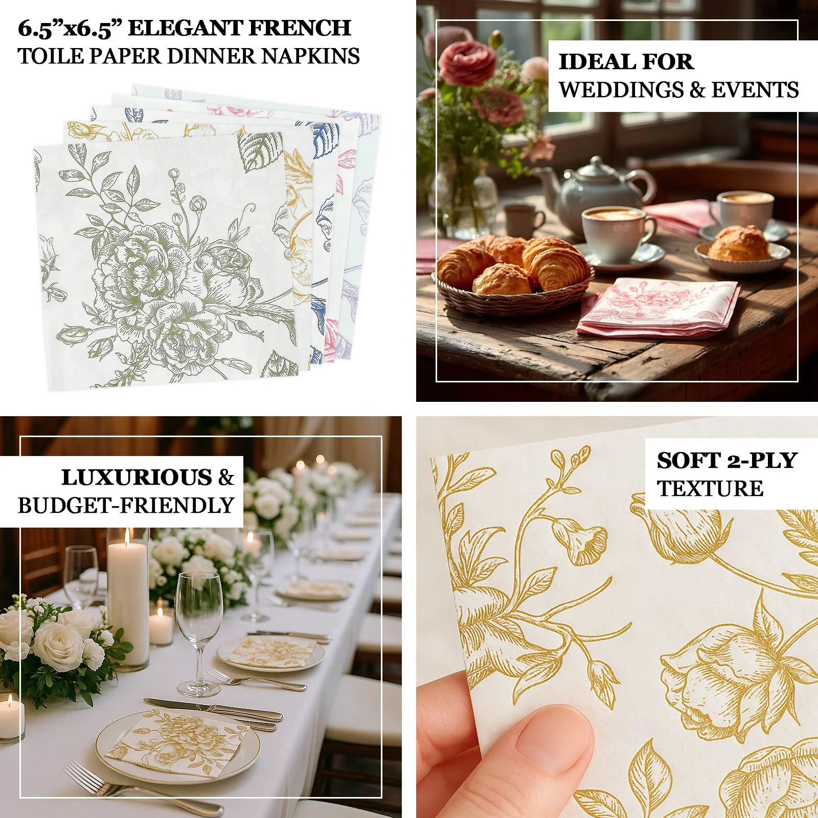 50-Pack Paper Cocktail Napkins 2 Ply White with Gold French Toile Floral Pattern - Soft and Highly Absorbent Beverage Napkins - Image 3