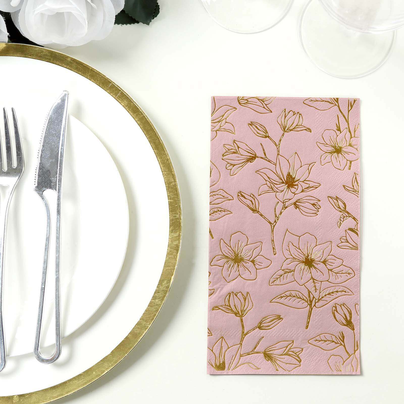 50-Pack Paper Dinner Napkins 2-Ply Dusty Rose with Gold Magnolia Flowers Print - Soft and Highly Absorbent Party Napkins - Image 2