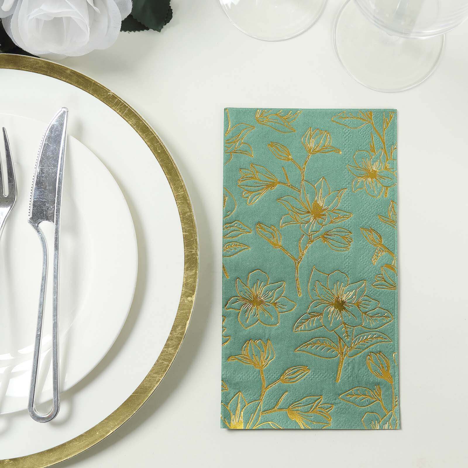 50-Pack Paper Dinner Napkins 2-Ply Dusty Sage Green with Gold Magnolia Flowers Print - Soft and Highly Absorbent Party Napkins - Image 2