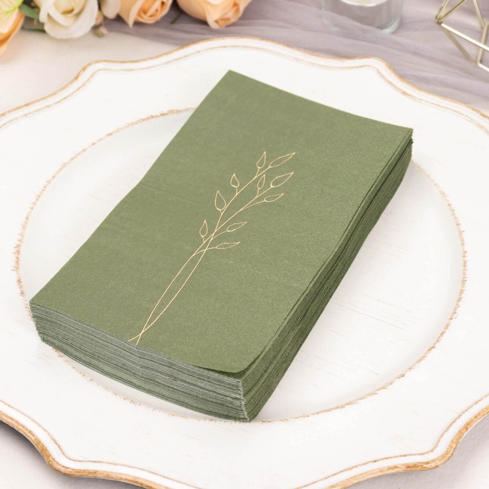 50-Pack Paper Dinner Napkins 2-Ply Dusty Sage Green with Gold Embossed Leaf - Soft Wedding Party Napkins 18 GSM - Image 2
