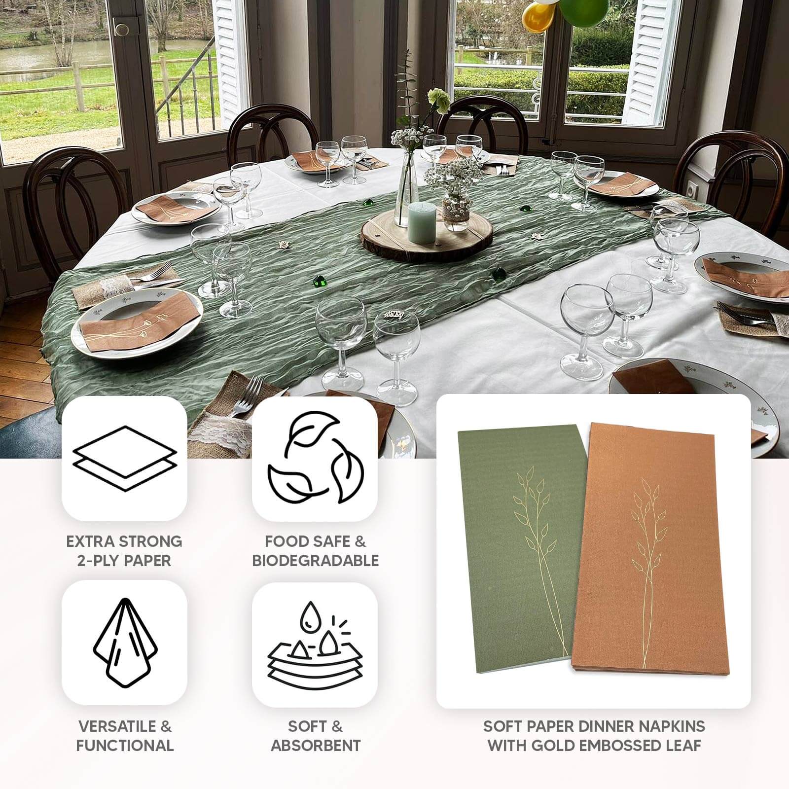 50-Pack Paper Dinner Napkins 2-Ply Dusty Sage Green with Gold Embossed Leaf - Soft Wedding Party Napkins 18 GSM - Image 4