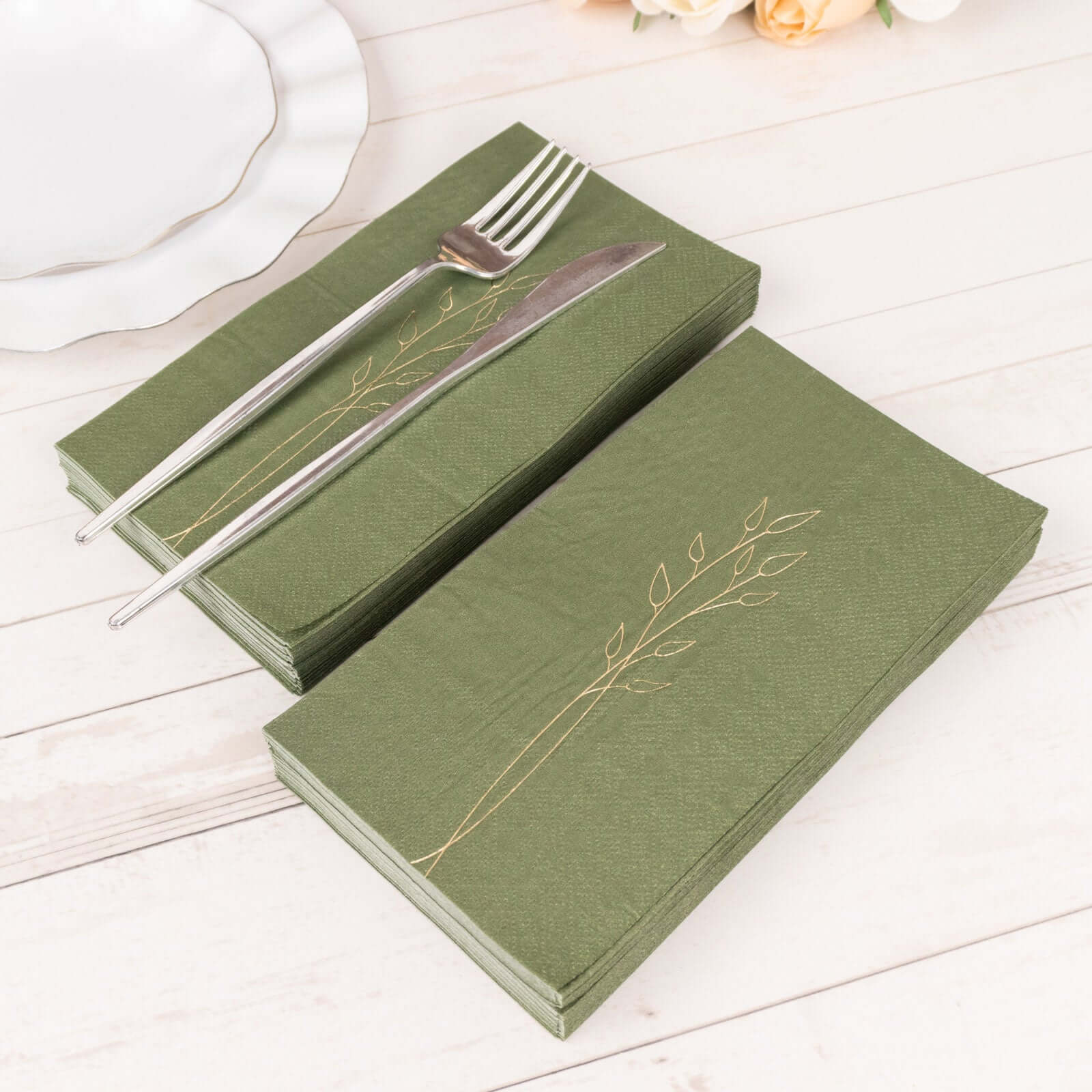 50-Pack Paper Dinner Napkins 2-Ply Dusty Sage Green with Gold Embossed Leaf - Soft Wedding Party Napkins 18 GSM - Image 6