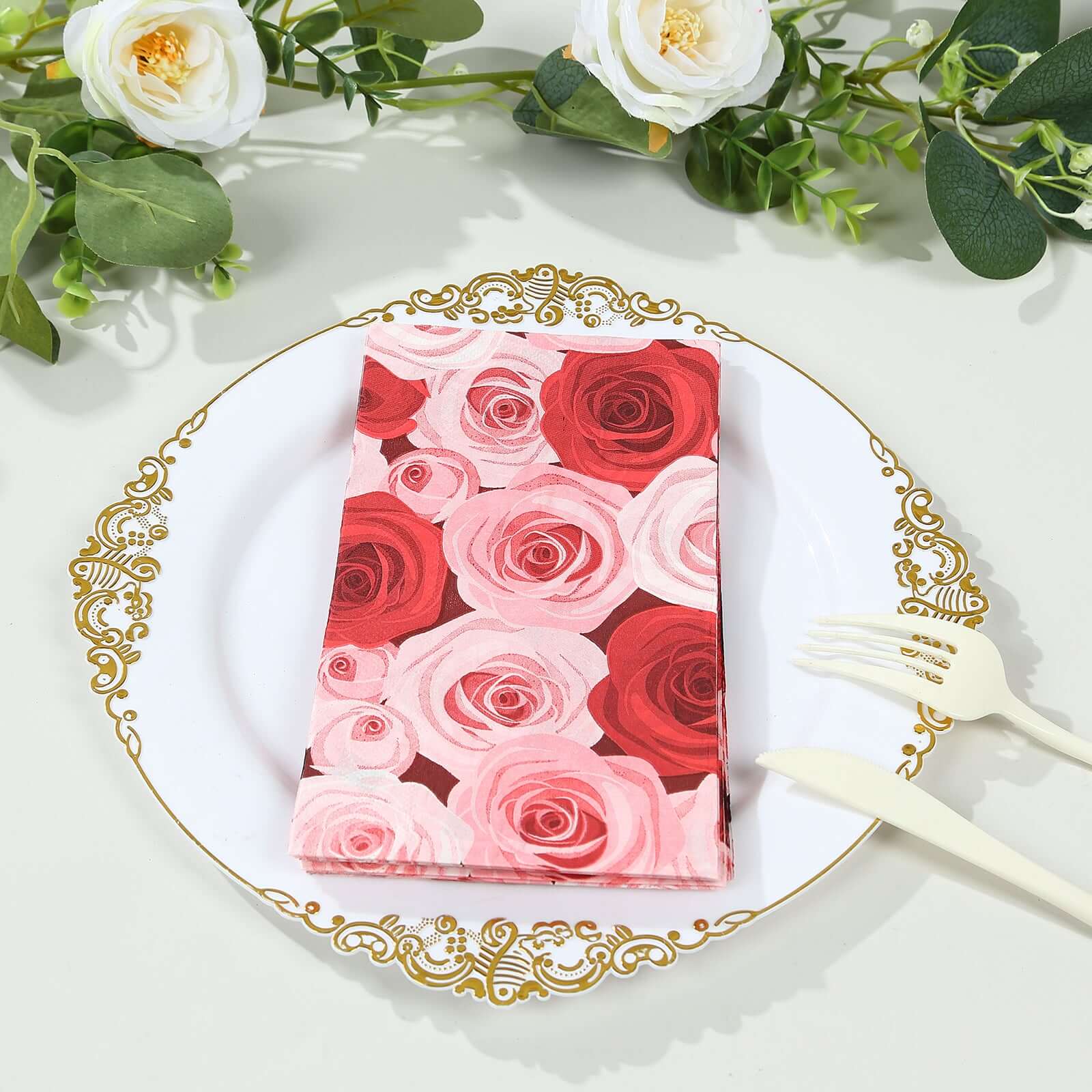 50-Pack Paper Dinner Napkins 2 Ply Red/Pink with Floral Rose Print - Soft Disposable Garden Style Napkins - Image 2