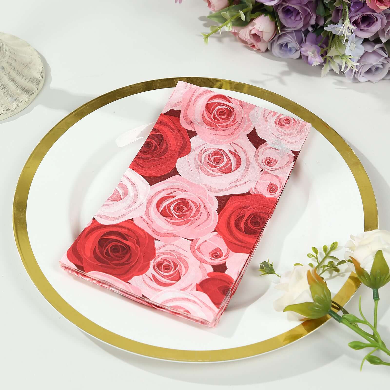 50-Pack Paper Dinner Napkins 2 Ply Red/Pink with Floral Rose Print - Soft Disposable Garden Style Napkins - Image 4