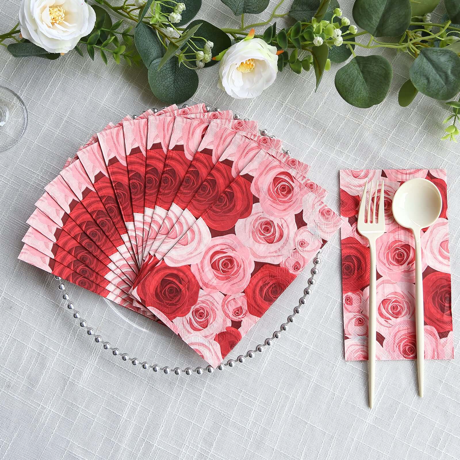 50-Pack Paper Dinner Napkins 2 Ply Red/Pink with Floral Rose Print - Soft Disposable Garden Style Napkins - Image 6