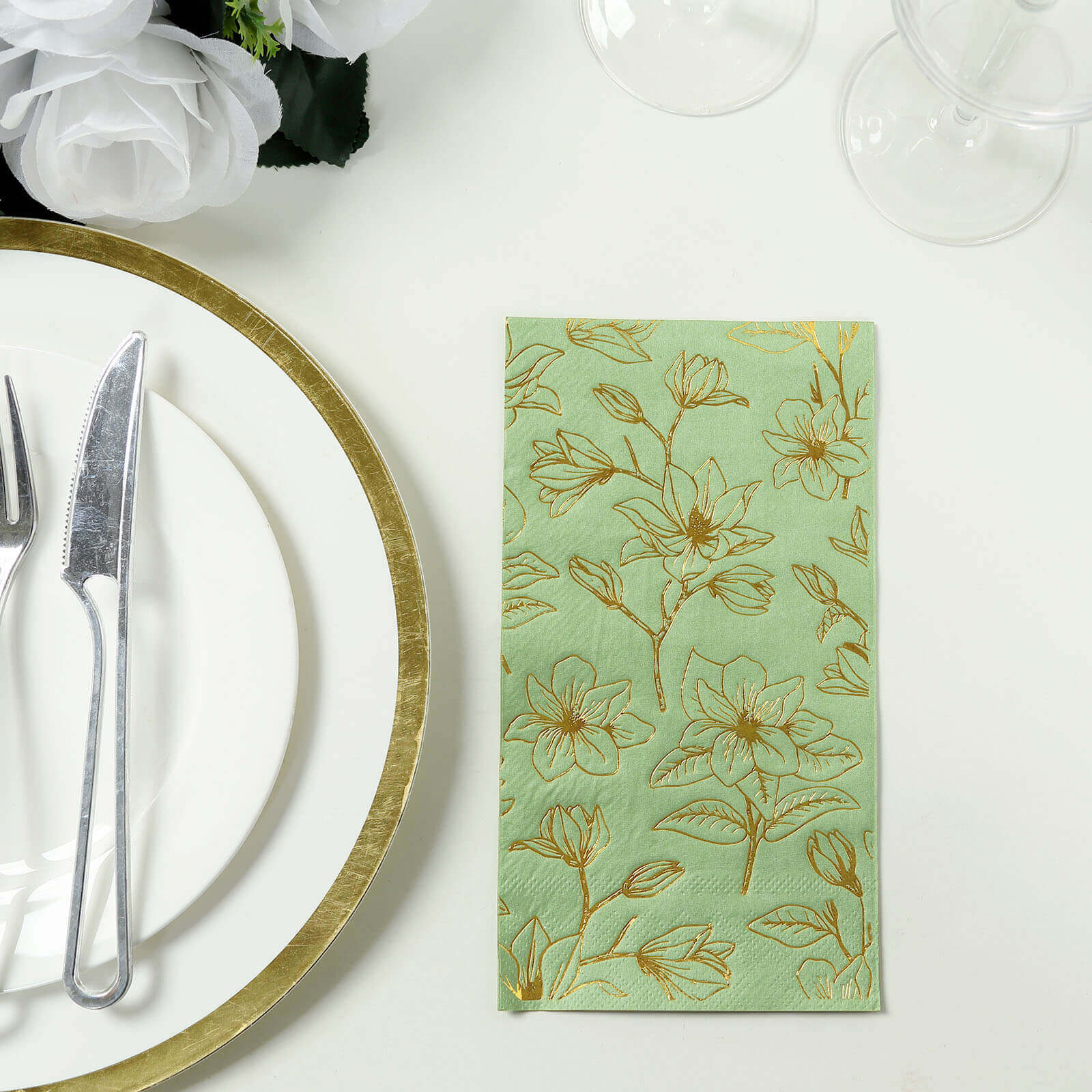 50-Pack Paper Dinner Napkins 2-Ply Sage Green with Gold Magnolia Flowers Print - Soft and Highly Absorbent Party Napkins - Image 2