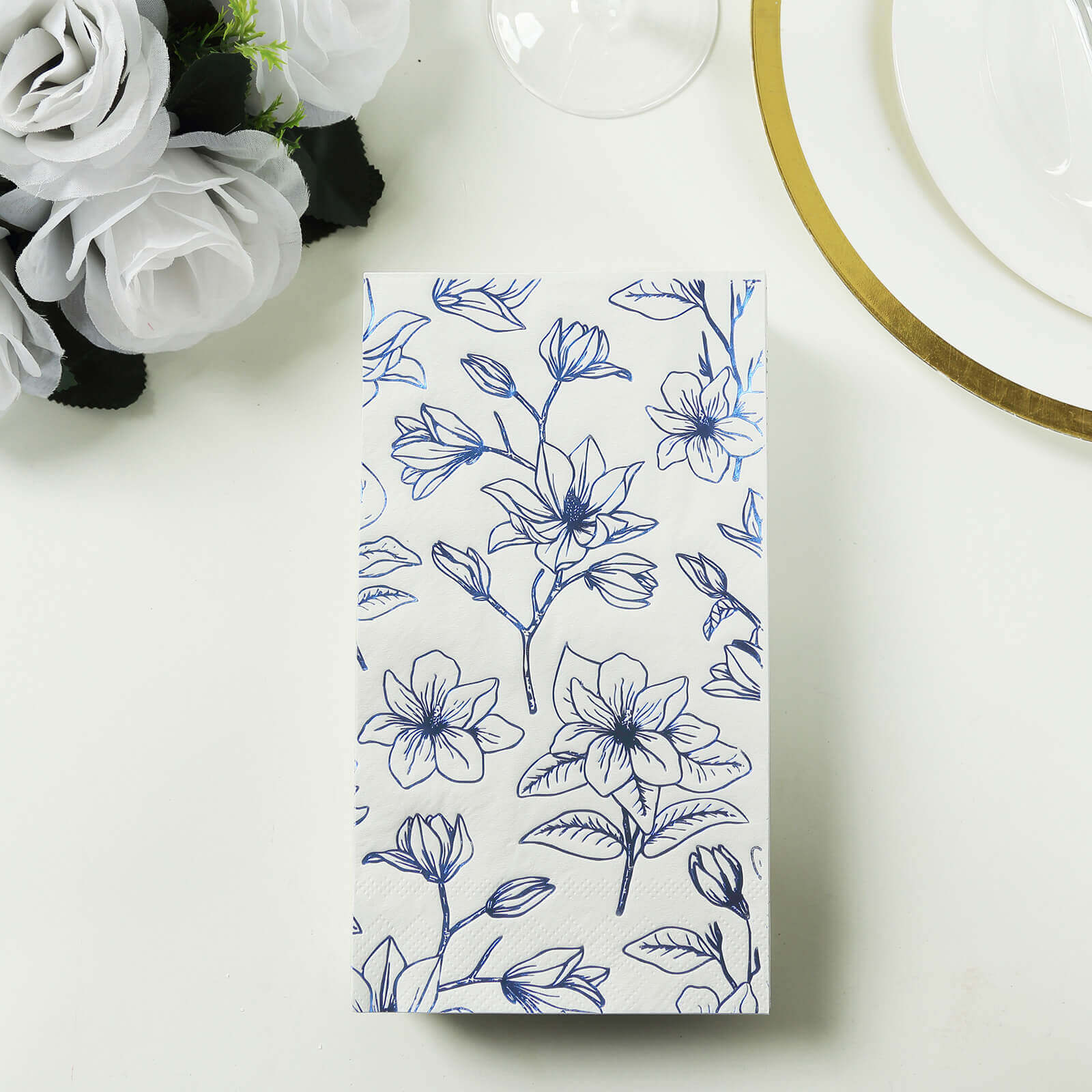 50-Pack Paper Dinner Napkins 2-Ply White with Blue Flowers Print - Soft and Highly Absorbent Party Napkins