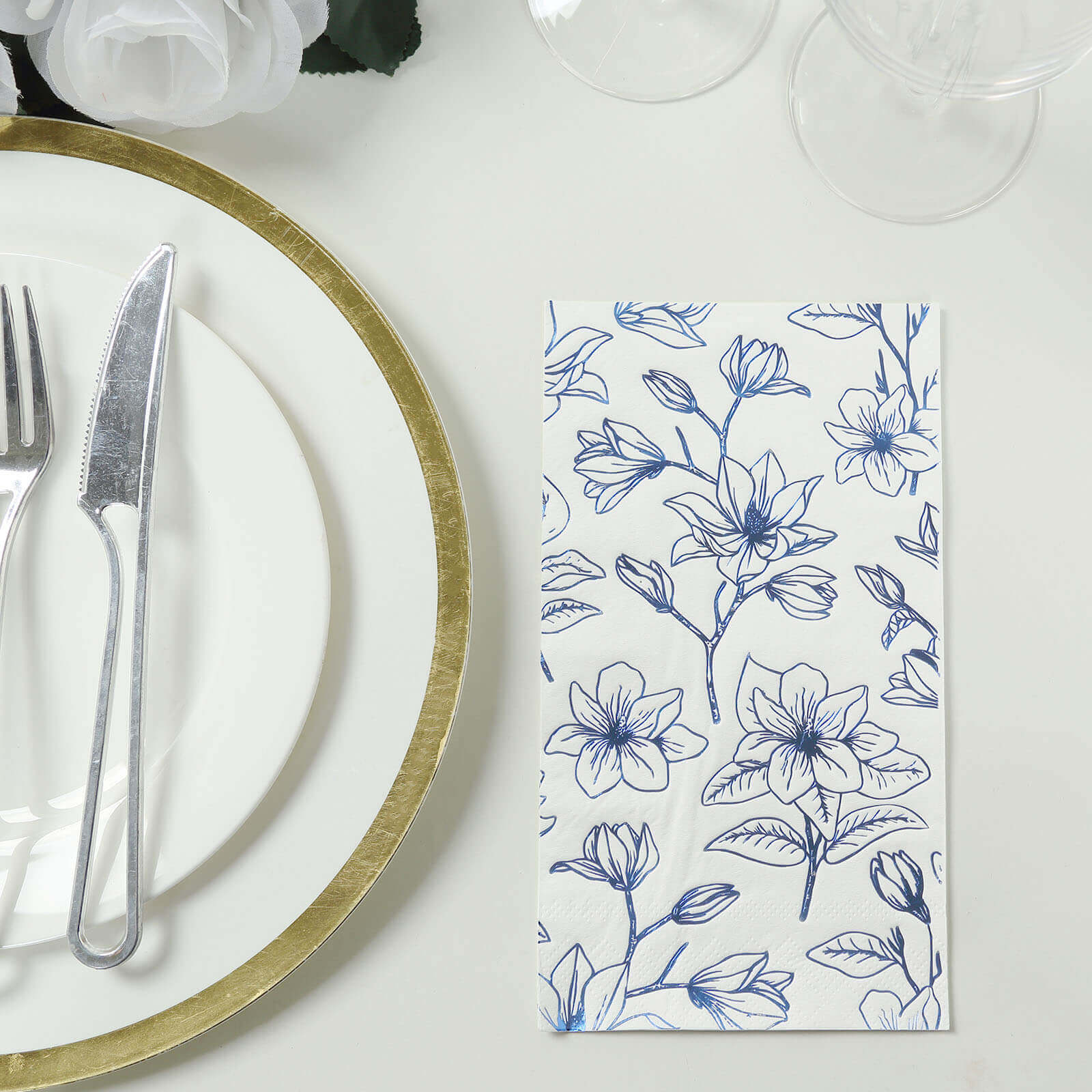 50-Pack Paper Dinner Napkins 2-Ply White with Blue Flowers Print - Soft and Highly Absorbent Party Napkins - Image 2