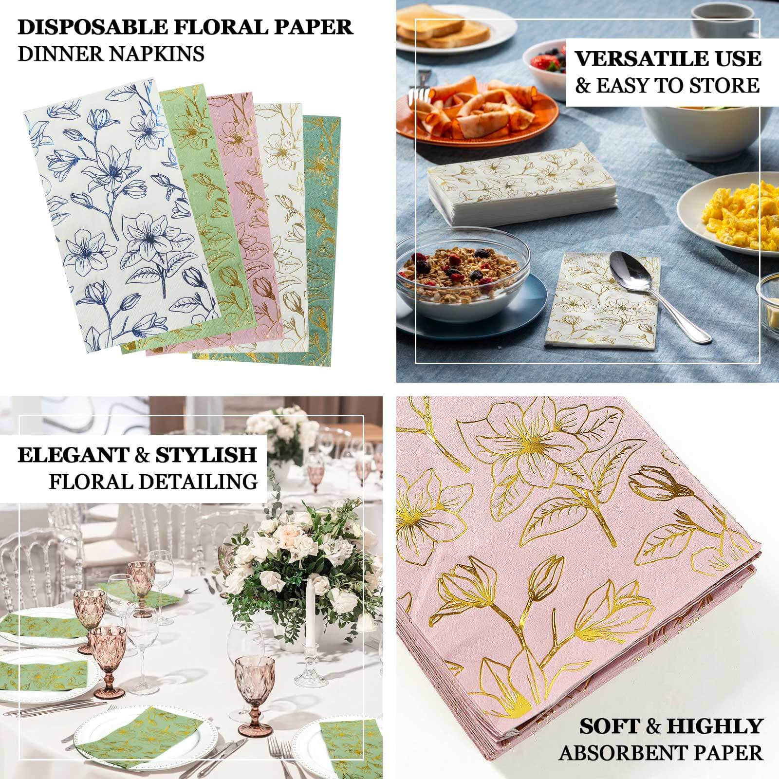 50-Pack Paper Dinner Napkins 2-Ply White with Blue Flowers Print - Soft and Highly Absorbent Party Napkins - Image 4