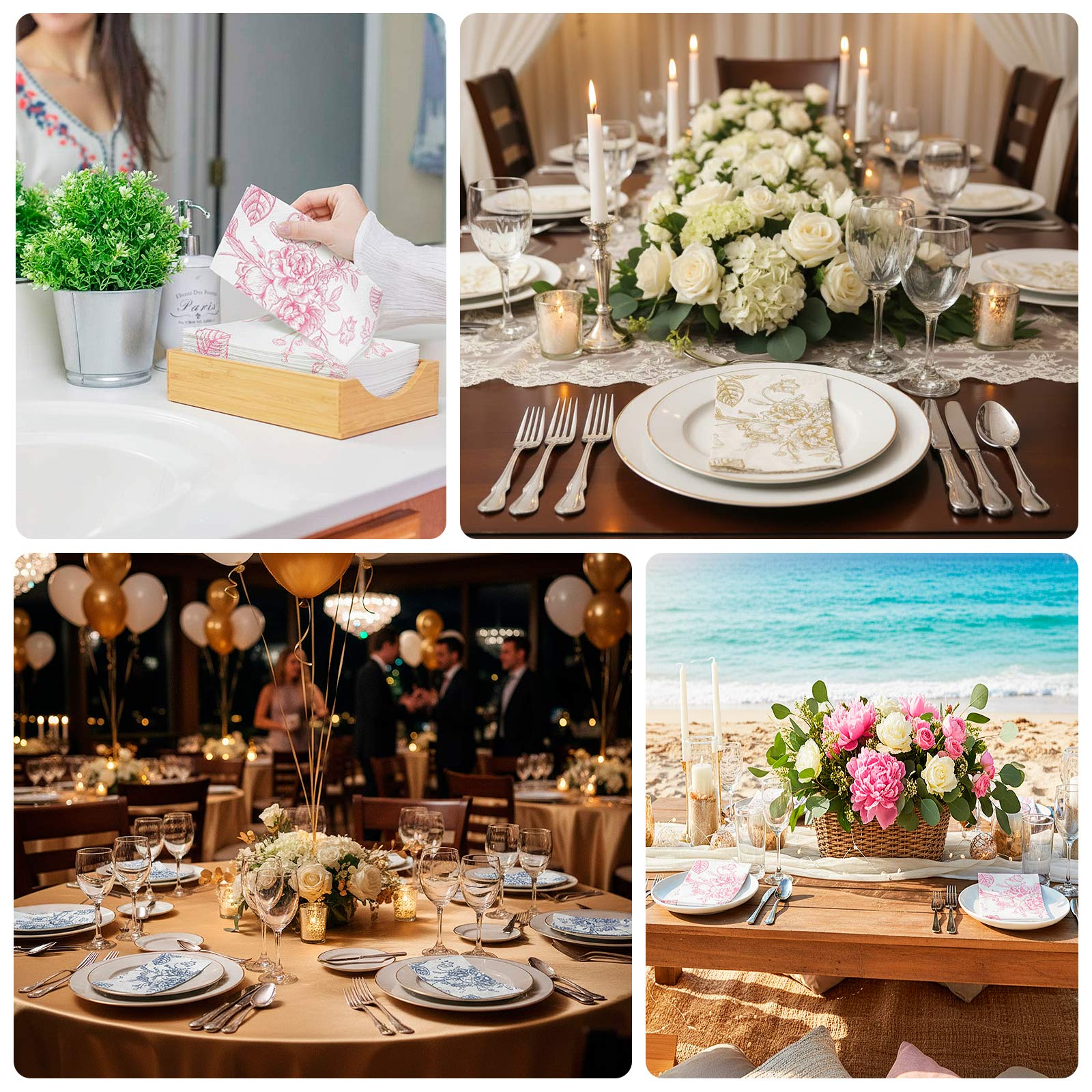 50-Pack Paper Dinner Napkins 2-Ply White with Gold French Toile Floral Pattern - Soft Disposable Party Napkins - Image 4