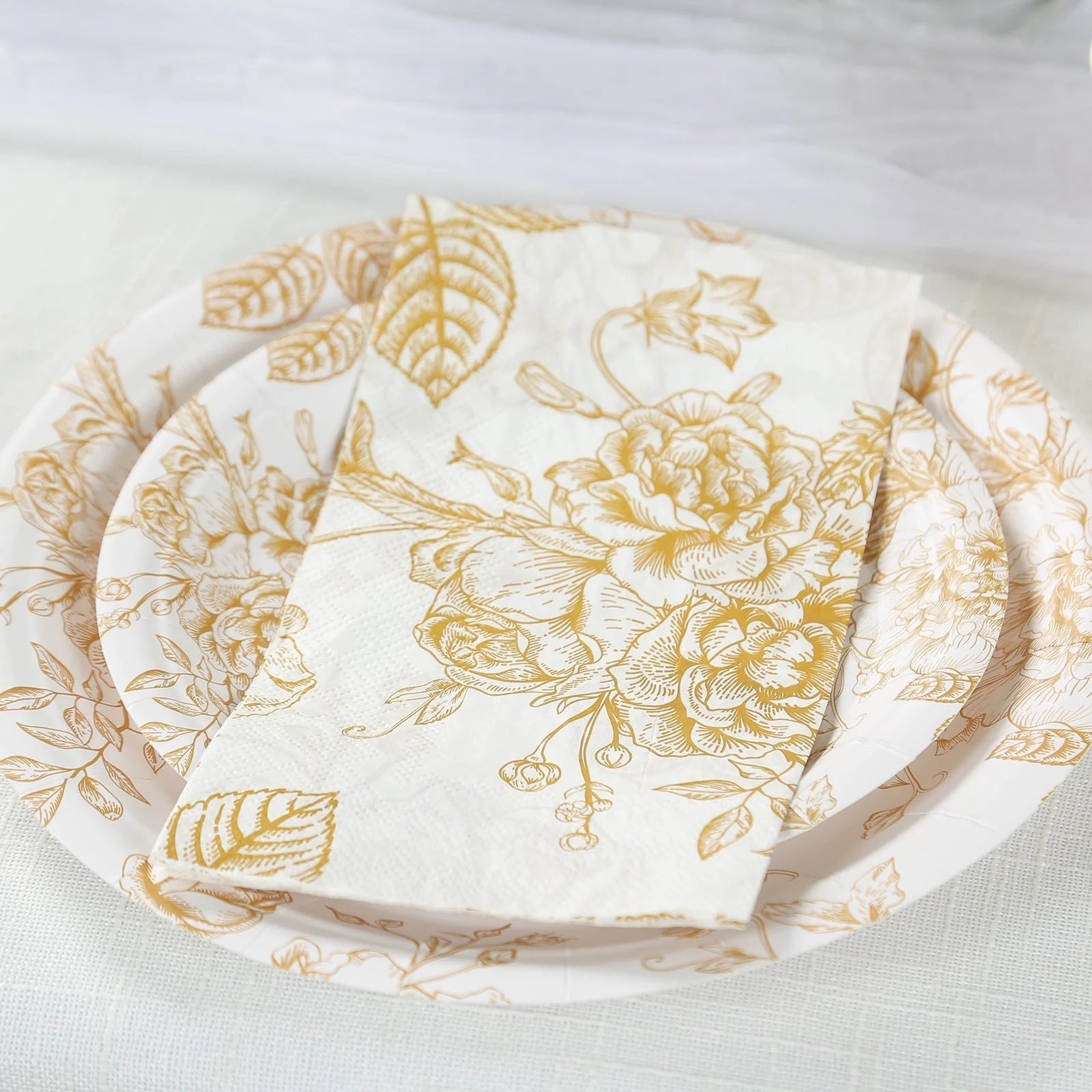 50-Pack Paper Dinner Napkins 2-Ply White with Gold French Toile Floral Pattern - Soft Disposable Party Napkins - Image 5