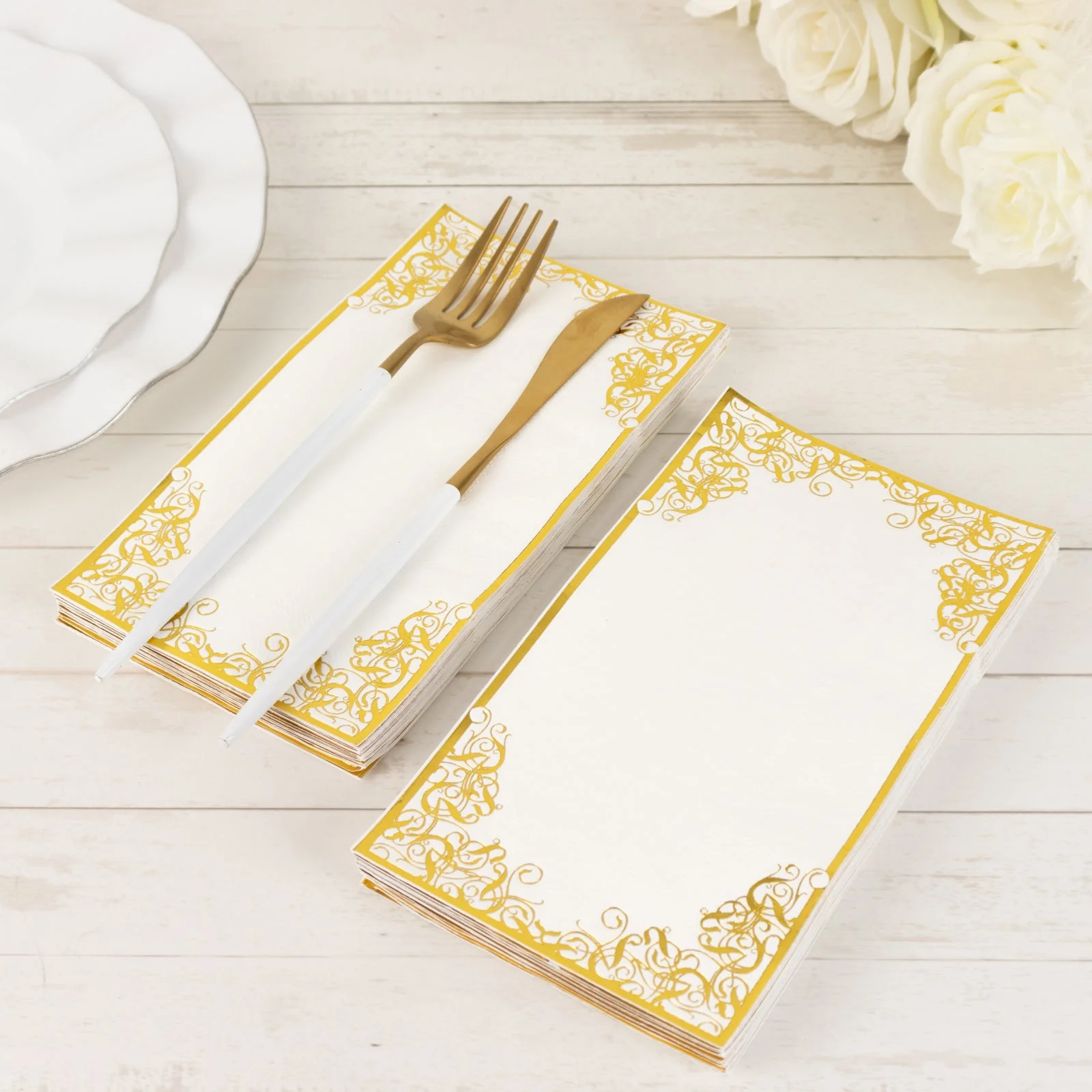 50-Pack Paper Dinner Napkins 8"x4" White with Gold Foil Lace Design - Soft 2 Ply European Style Napkins - Image 12