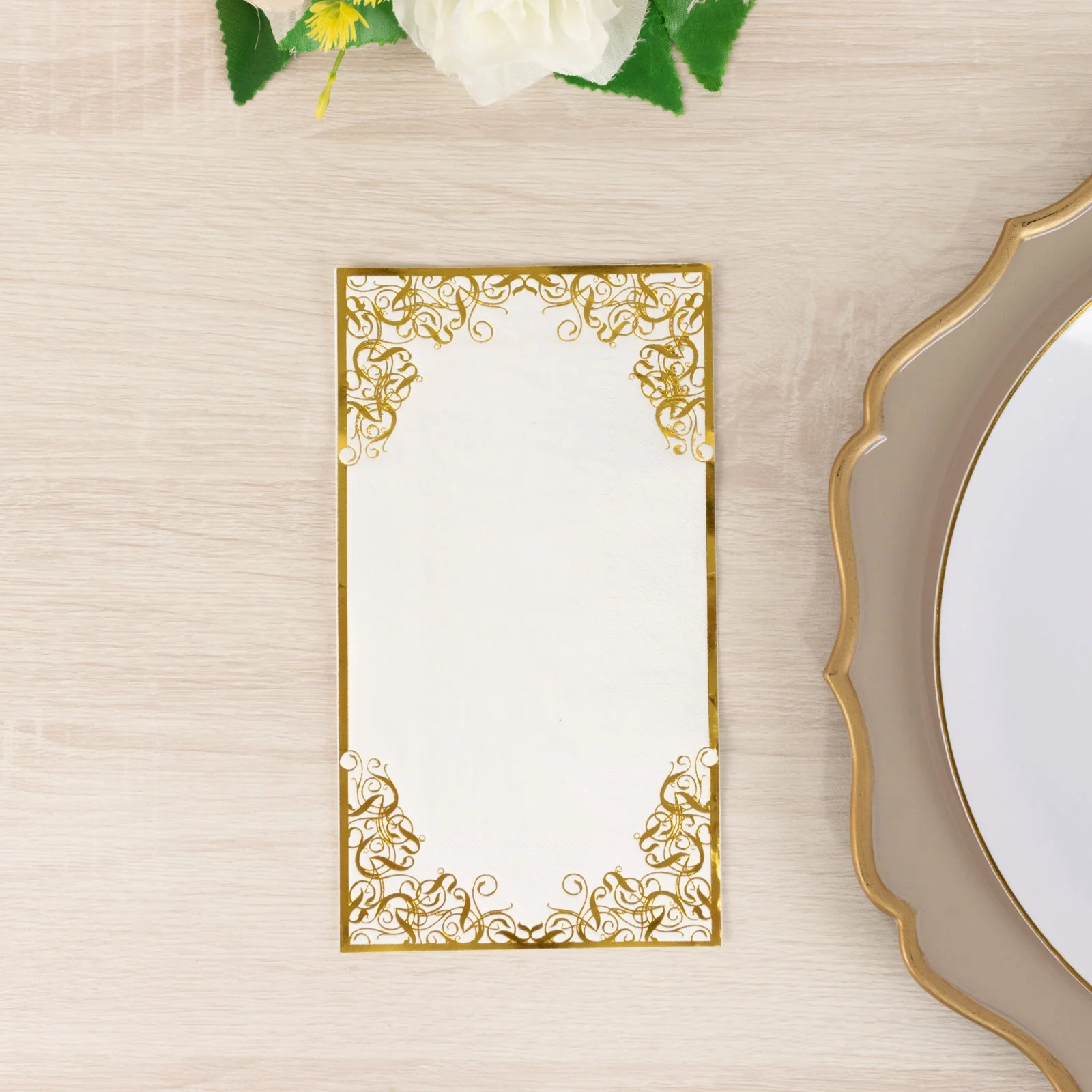 50-Pack Paper Dinner Napkins 8"x4" White with Gold Foil Lace Design - Soft 2 Ply European Style Napkins - Image 6