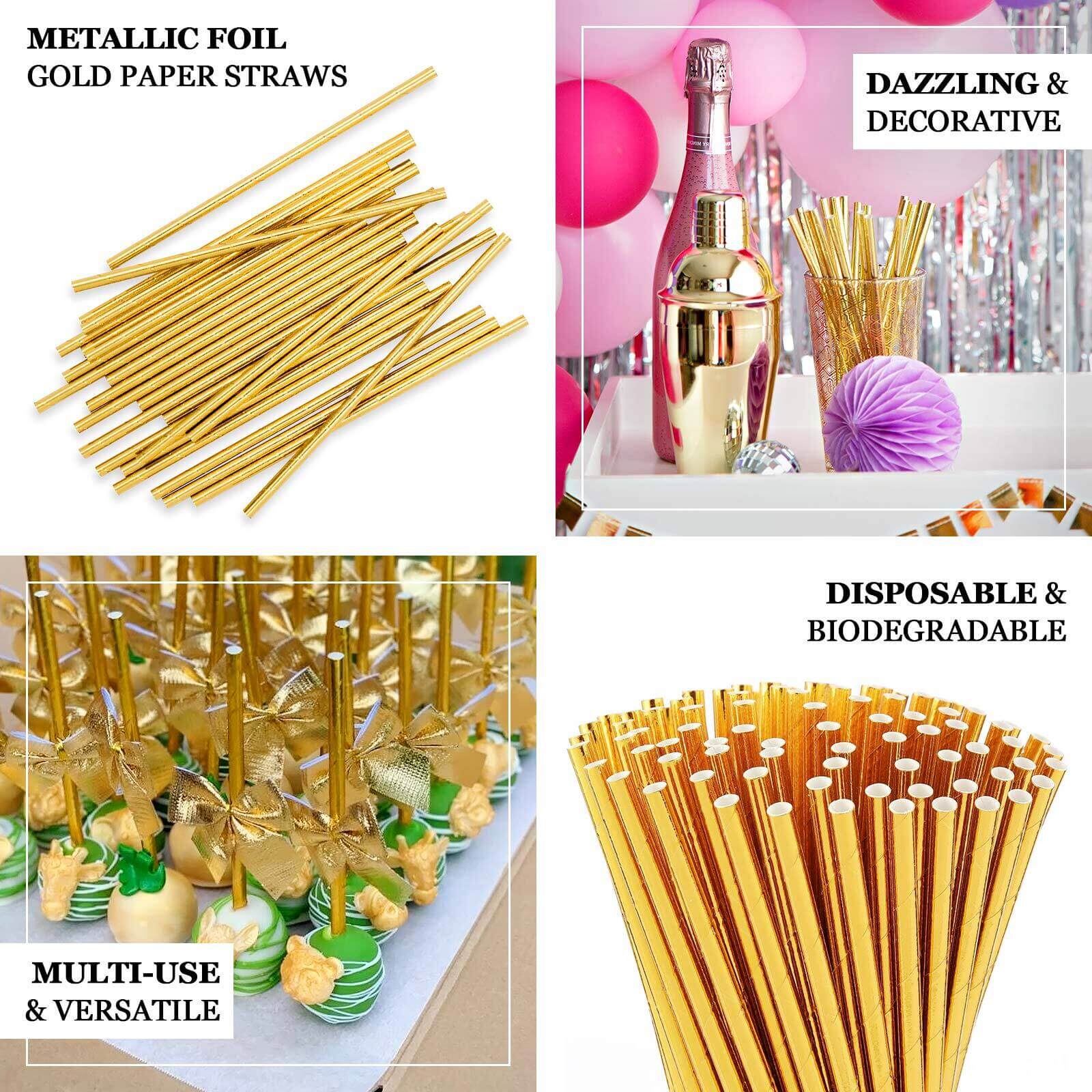 50-Pack Paper Drinking Straws 8" Metallic Gold Foil Food Grade - Biodegradable Disposable Straws - Image 4