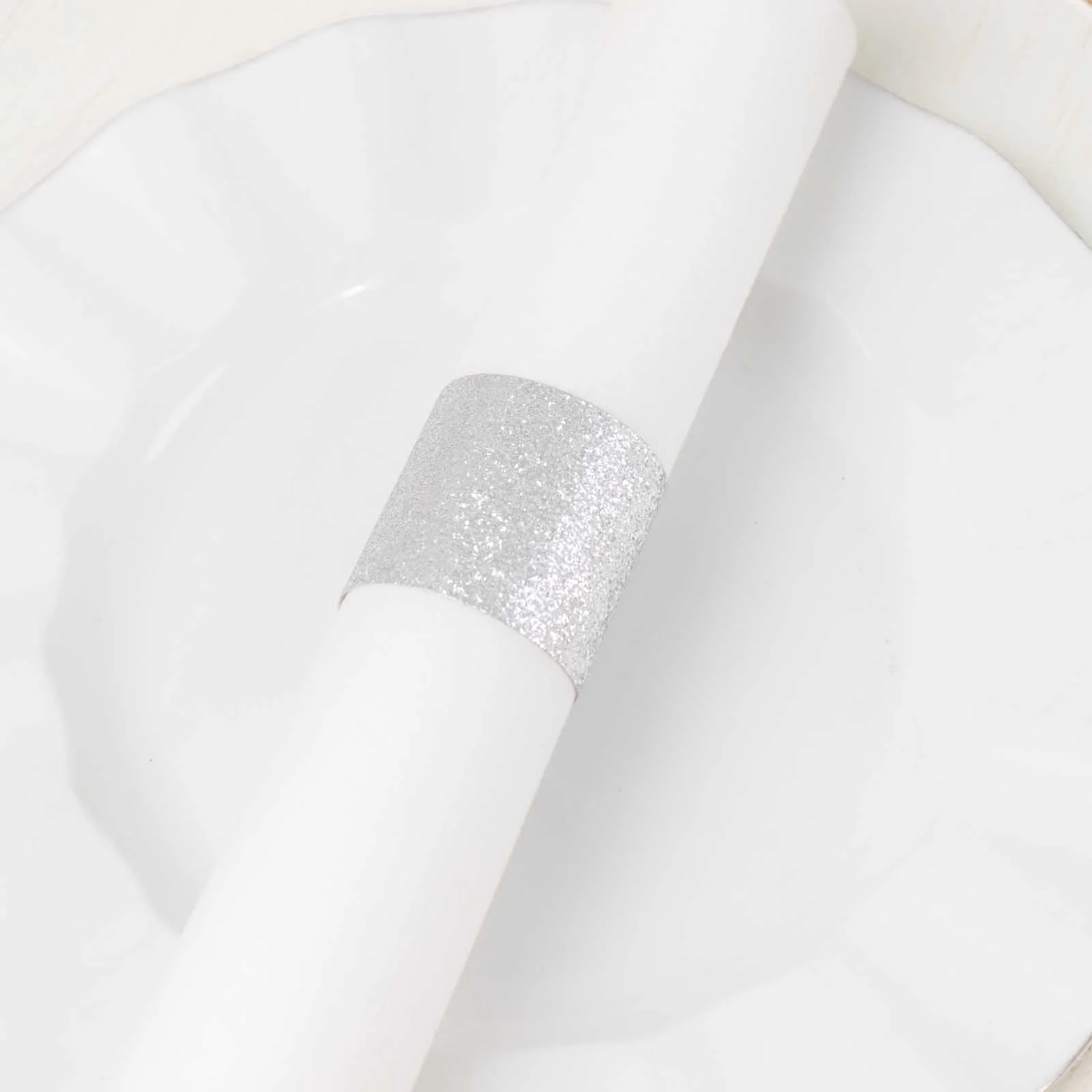50-Pack Paper Napkin Rings 1.5" Silver Glitter - Disposable Napkin Holders for Parties - Image 2