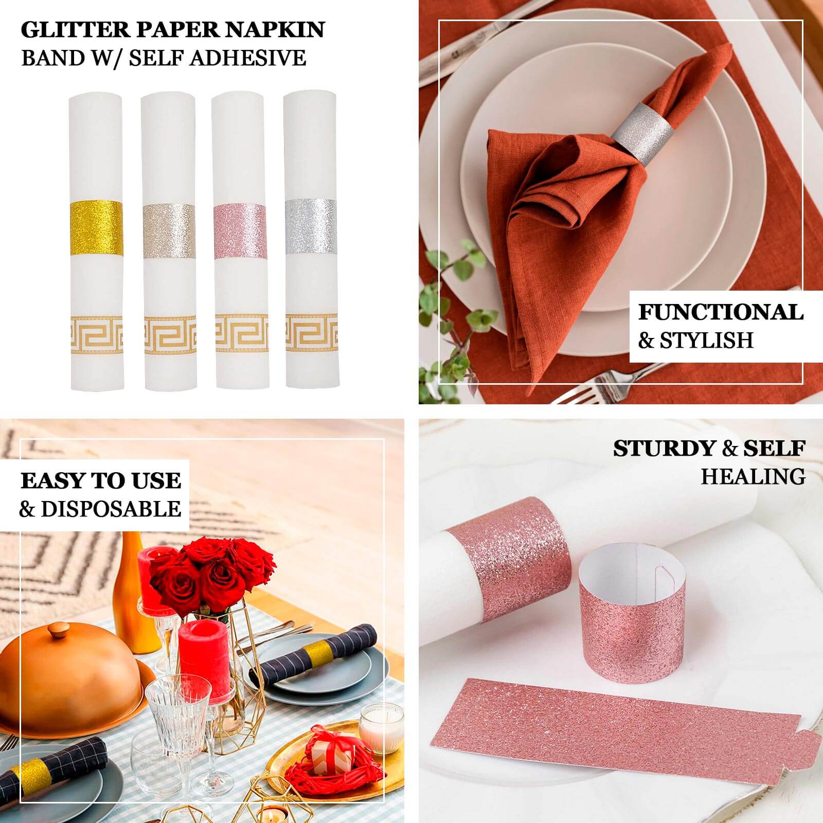 50-Pack Paper Napkin Rings 1.5" Silver Glitter - Disposable Napkin Holders for Parties - Image 4