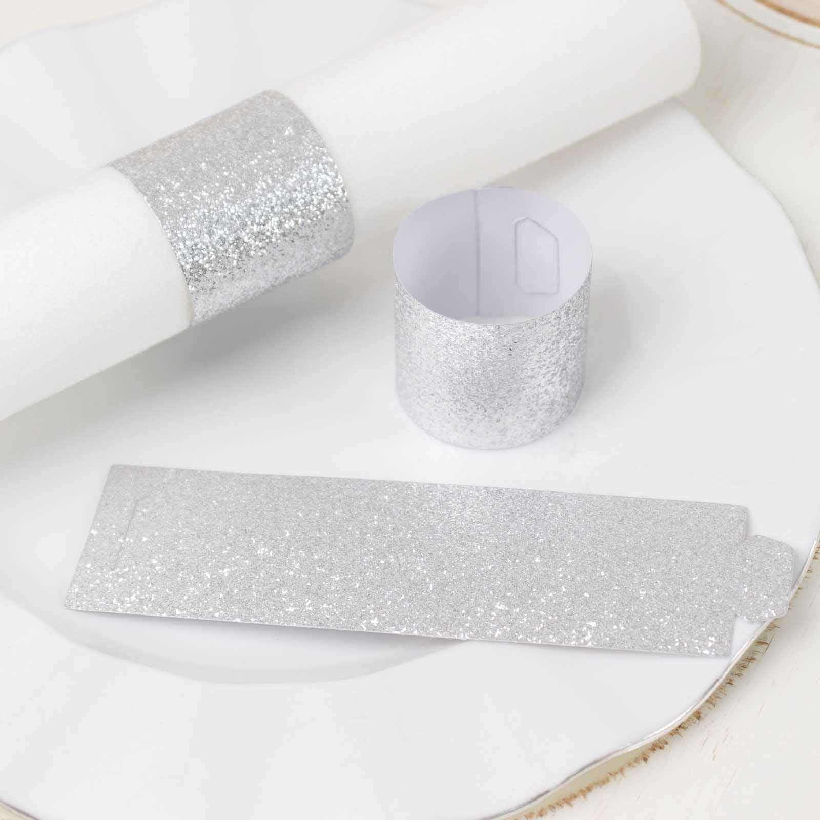 50-Pack Paper Napkin Rings 1.5" Silver Glitter - Disposable Napkin Holders for Parties - Image 6