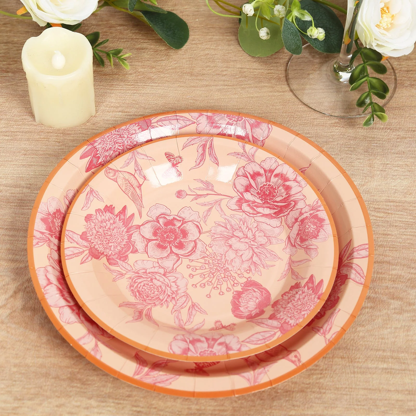 50-Pack Paper Round Dessert and Dinner Plates 7", 9" Dusty Rose Spring Floral Print with Gold Rim - Heavy Duty Disposable Party Plates Set for Garden Weddings & Chic Brunches