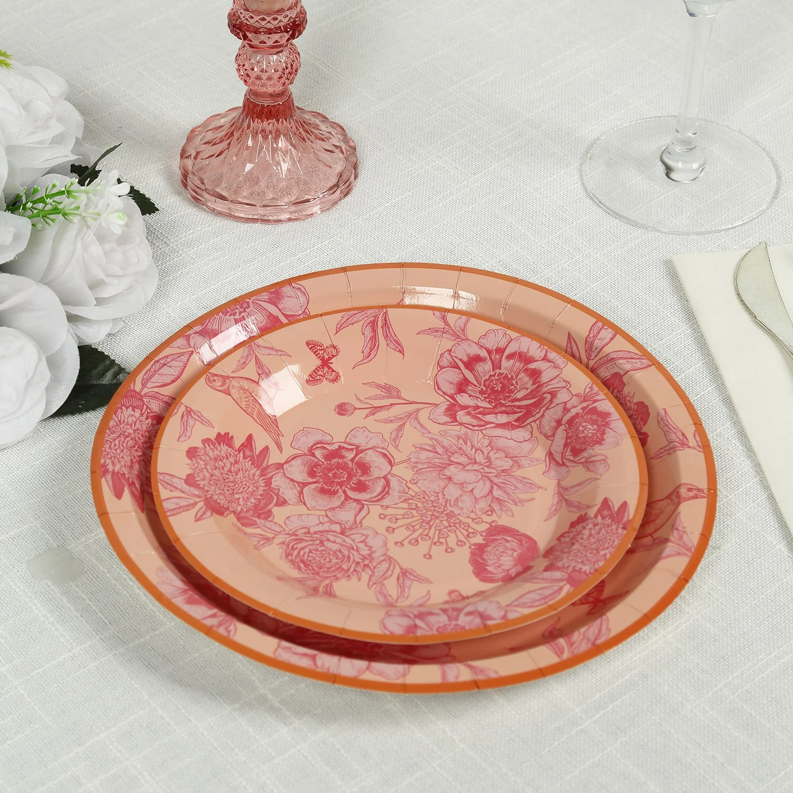 50-Pack Paper Round Dessert and Dinner Plates 7", 9" Dusty Rose Spring Floral Print with Gold Rim - Heavy Duty Disposable Party Plates Set for Garden Weddings & Chic Brunches - Image 3