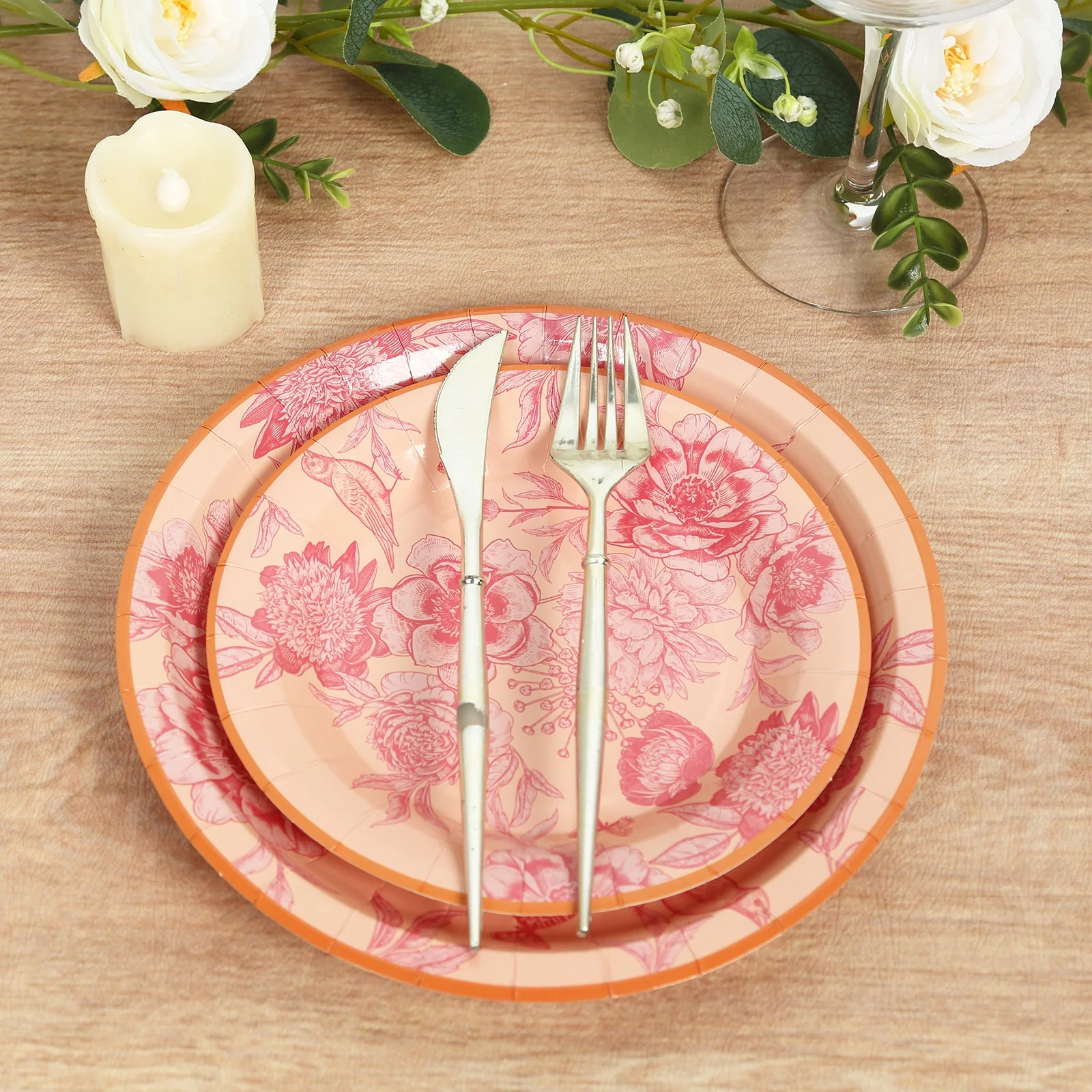 50-Pack Paper Round Dessert and Dinner Plates 7", 9" Dusty Rose Spring Floral Print with Gold Rim - Heavy Duty Disposable Party Plates Set for Garden Weddings & Chic Brunches - Image 7