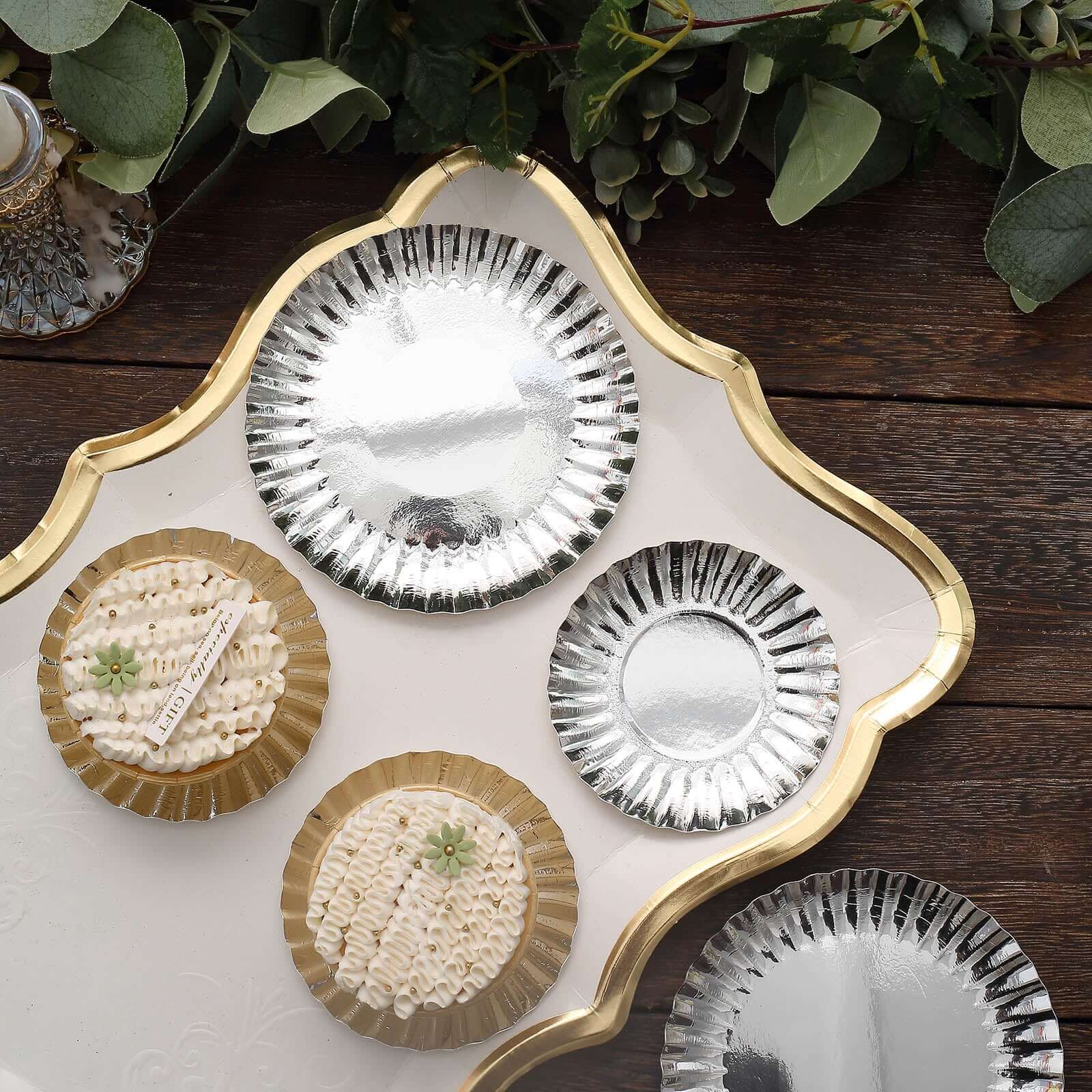 50-Pack Paper Round Dessert Plates 5" Metallic Silver with Scalloped Rim - 250GSM Disposable Appetizer Party Plates - Image 16