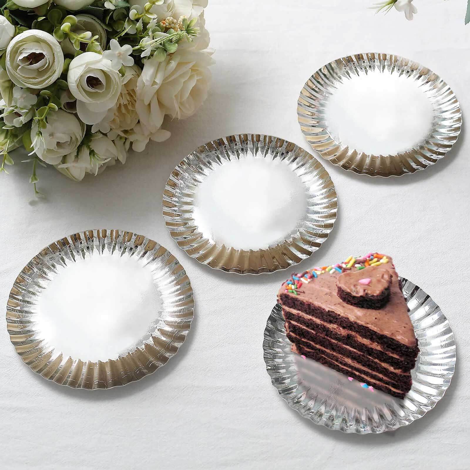 50-Pack Paper Round Dessert Plates 5" Metallic Silver with Scalloped Rim - 250GSM Disposable Appetizer Party Plates - Image 6