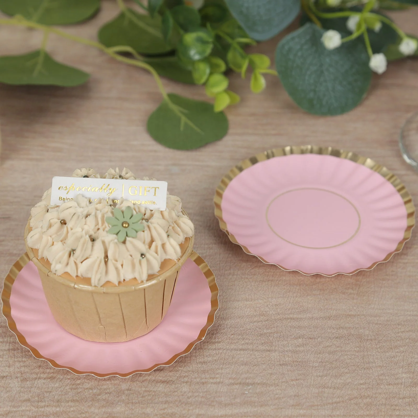 50-Pack Paper Round Party Plates 3.5" Blush with Gold Scalloped Rim - 250GSM Disposable Mini Dessert Plates - Image 2