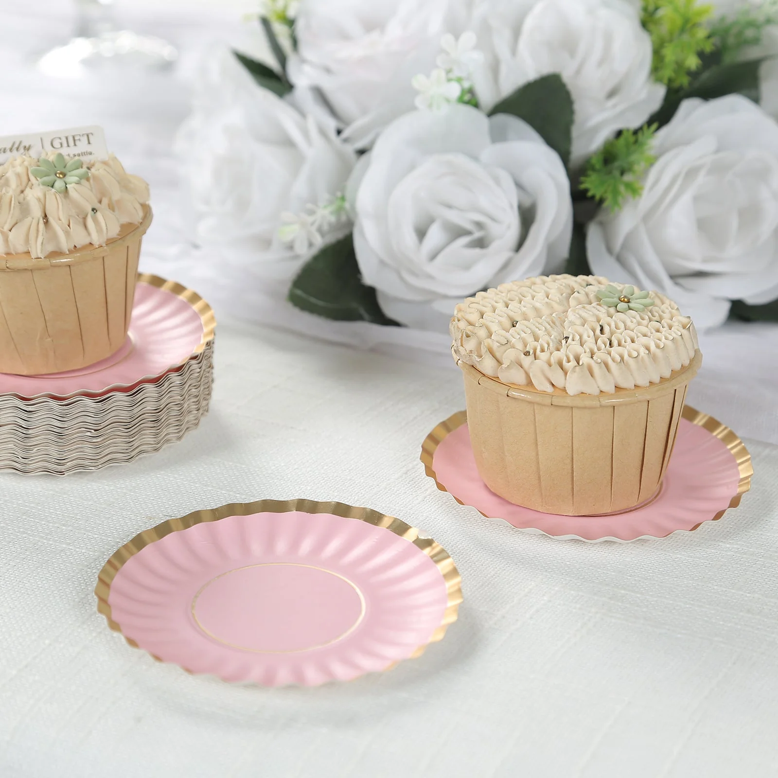 50-Pack Paper Round Party Plates 3.5" Blush with Gold Scalloped Rim - 250GSM Disposable Mini Dessert Plates - Image 6