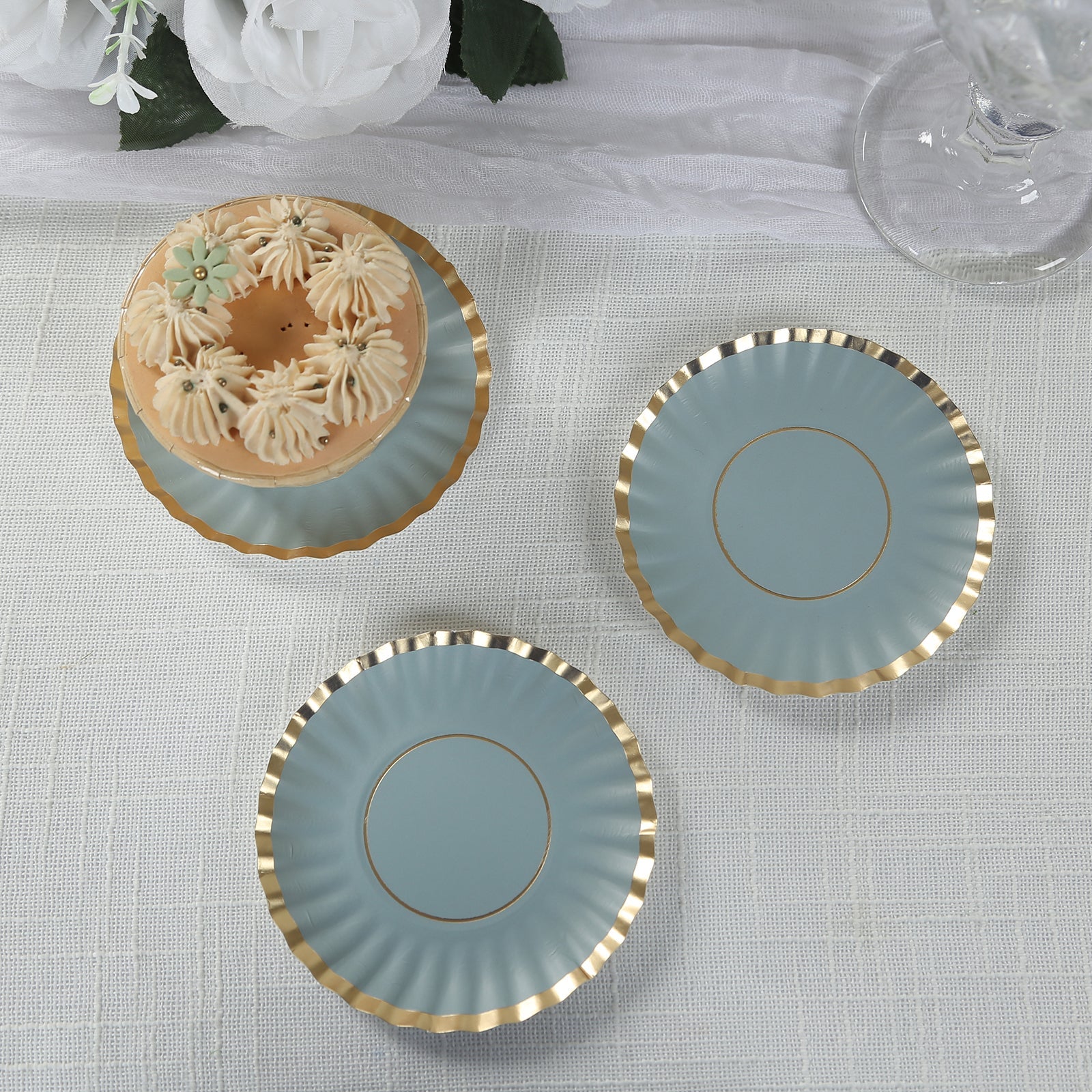 50-Pack Paper Round Party Plates 3.5" Dusty Blue with Gold Scalloped Rim - 250GSM Disposable Mini Dessert Plates - Image 10