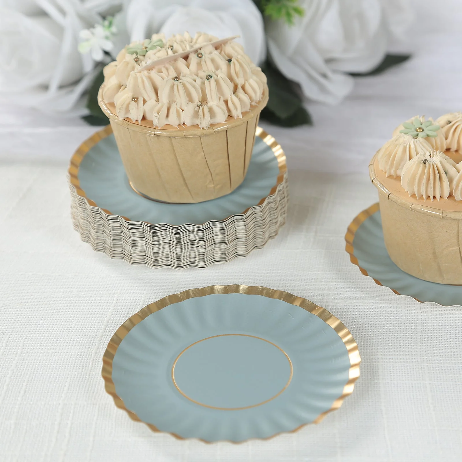 50-Pack Paper Round Party Plates 3.5" Dusty Blue with Gold Scalloped Rim - 250GSM Disposable Mini Dessert Plates - Image 5