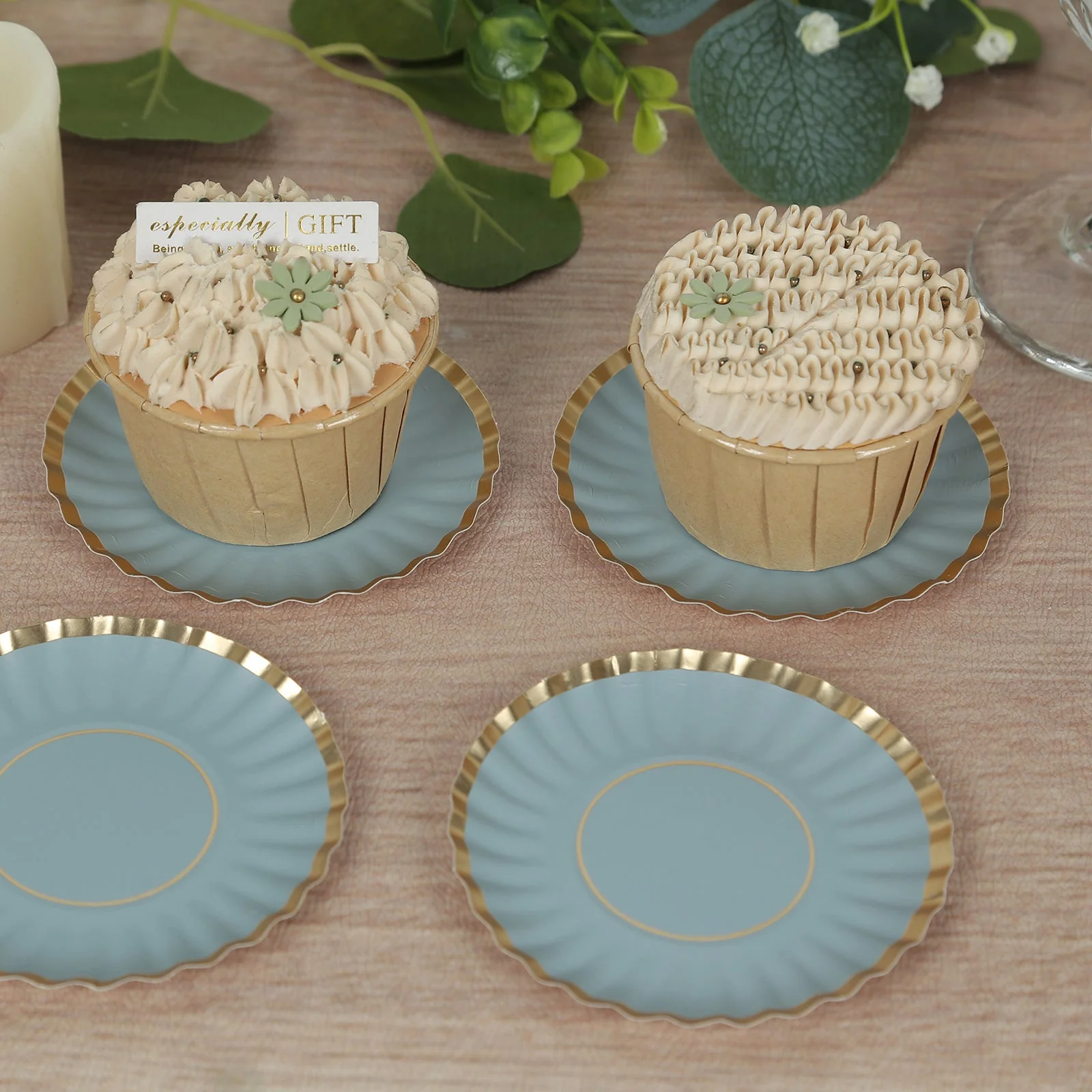 50-Pack Paper Round Party Plates 3.5" Dusty Blue with Gold Scalloped Rim - 250GSM Disposable Mini Dessert Plates - Image 6