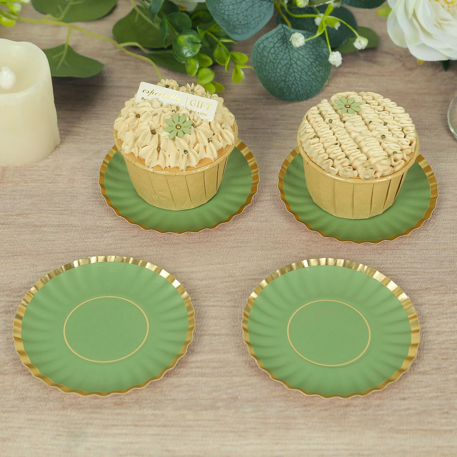 50-Pack Paper Round Party Plates 3.5" Dusty Sage Green with Gold Scalloped Rim - 250GSM Disposable Mini Dessert Plates - Image 6
