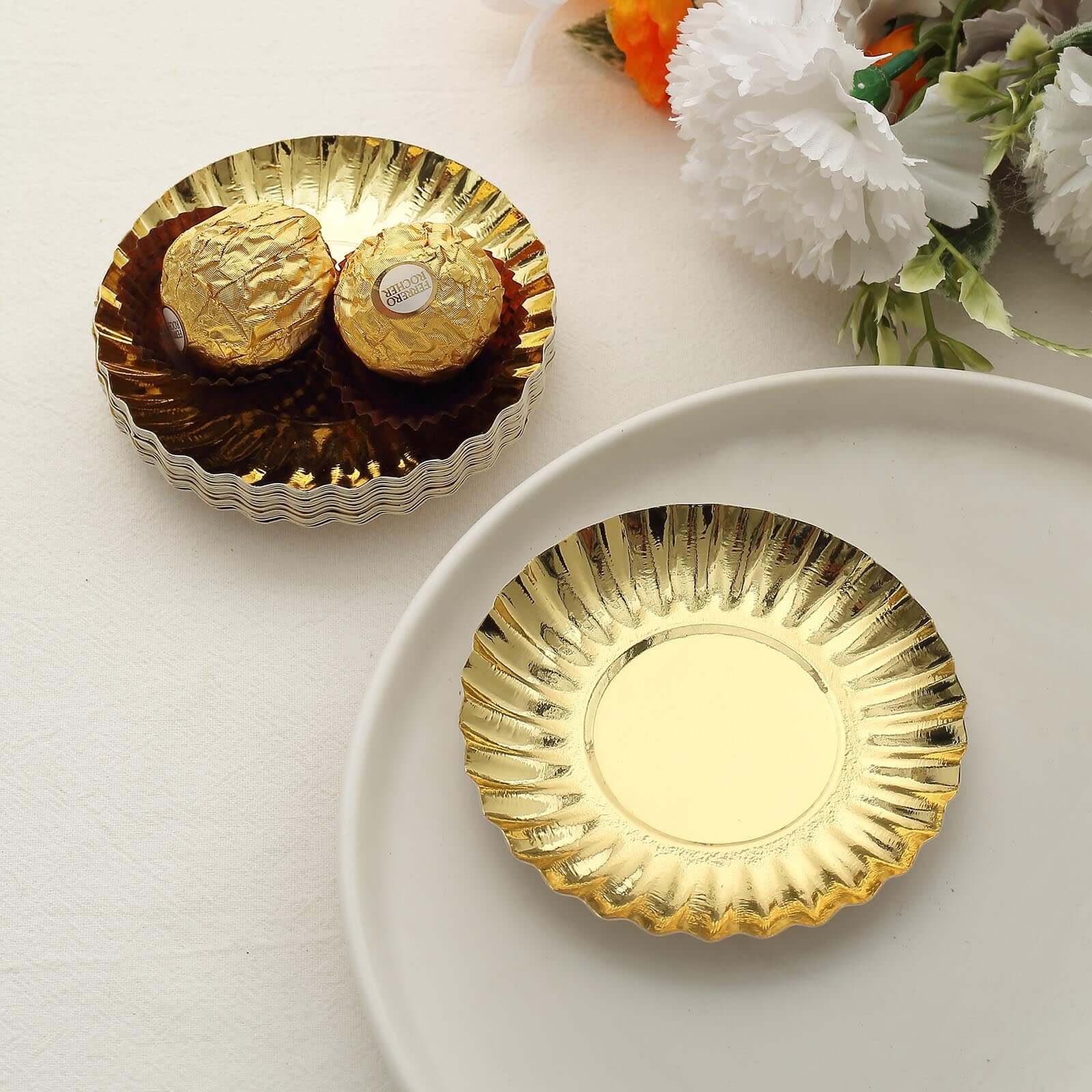 50-Pack Paper Round Party Plates 3.5" Metallic Gold Scalloped Rim - 250GSM Disposable Mini Dessert Plates - Image 10